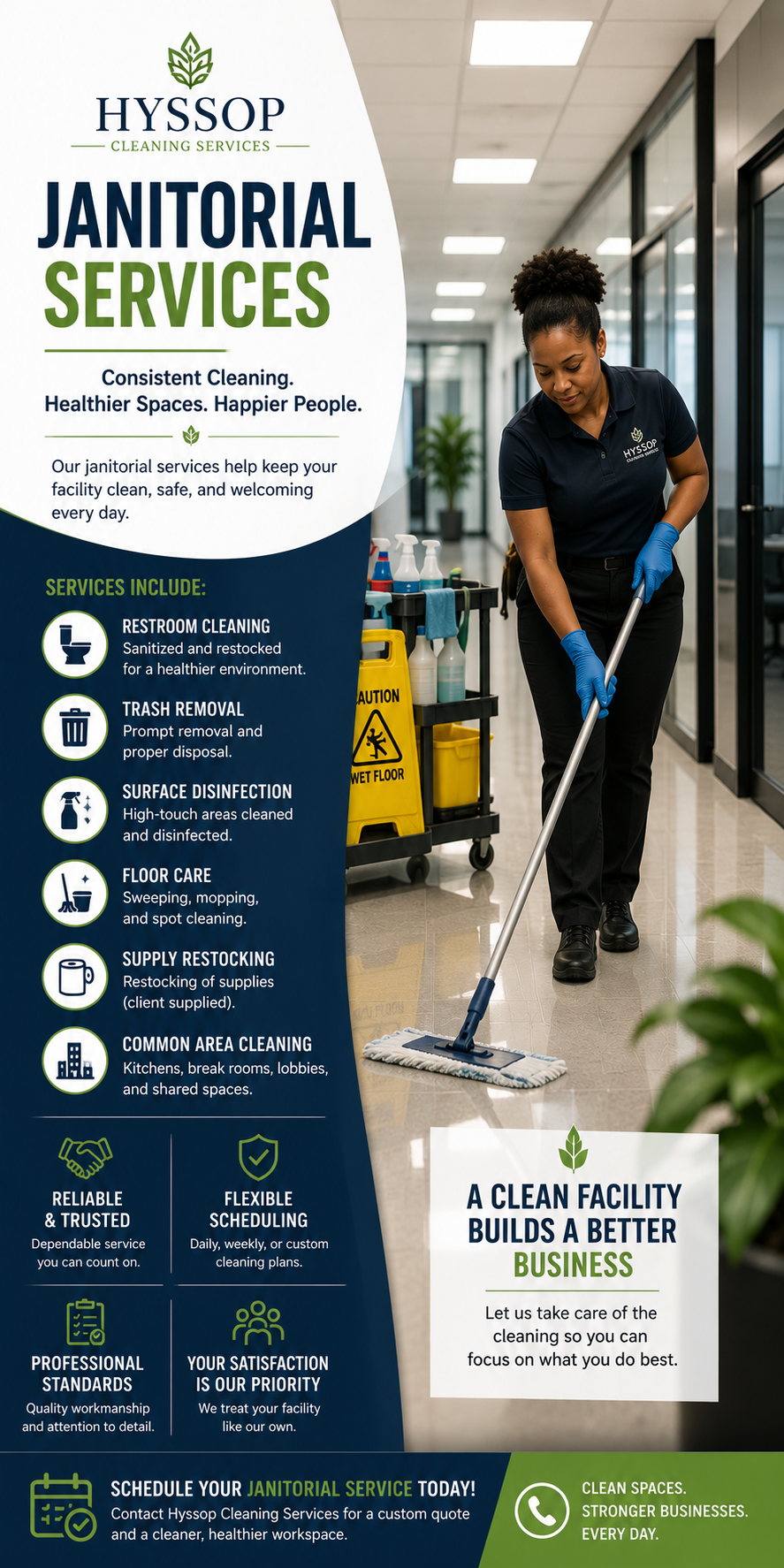 Poster for Hyssop Cleaning Services detailing janitorial services such as restroom cleaning, trash removal, surface disinfection, floor care, supply restocking, and common area cleaning, with a photo of a woman mopping in a commercial building.