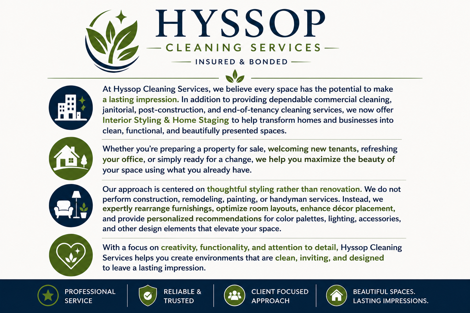 Hyssop Cleaning Services brochure explaining their commercial cleaning, interior styling, and home staging services, emphasizing an environmentally friendly and personalized approach.