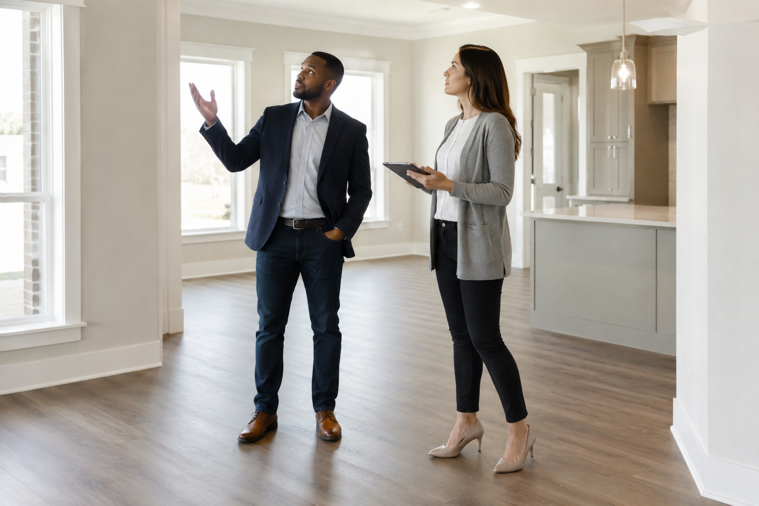 A man in a suit and a woman in a blazer and heels are talking inside an empty house, with the man gesturing towards the windows.