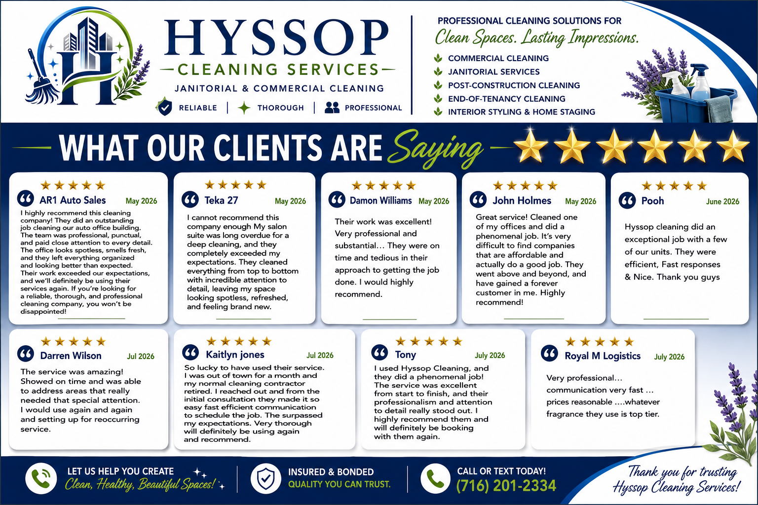 Hyssop Cleaning Services advertising banner highlighting professional cleaning solutions, customer testimonials, and contact information for scheduling