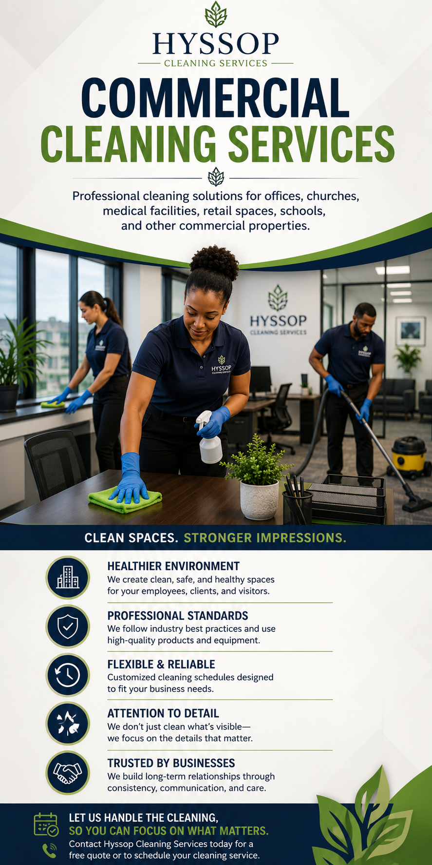 Indoor office scene with three professional cleaners from Hyssop Cleaning Services wearing navy blue uniforms and blue gloves, cleaning office furniture and surfaces. The office has large windows, potted plants, and a Hyssop Cleaning Services logo on the wall.