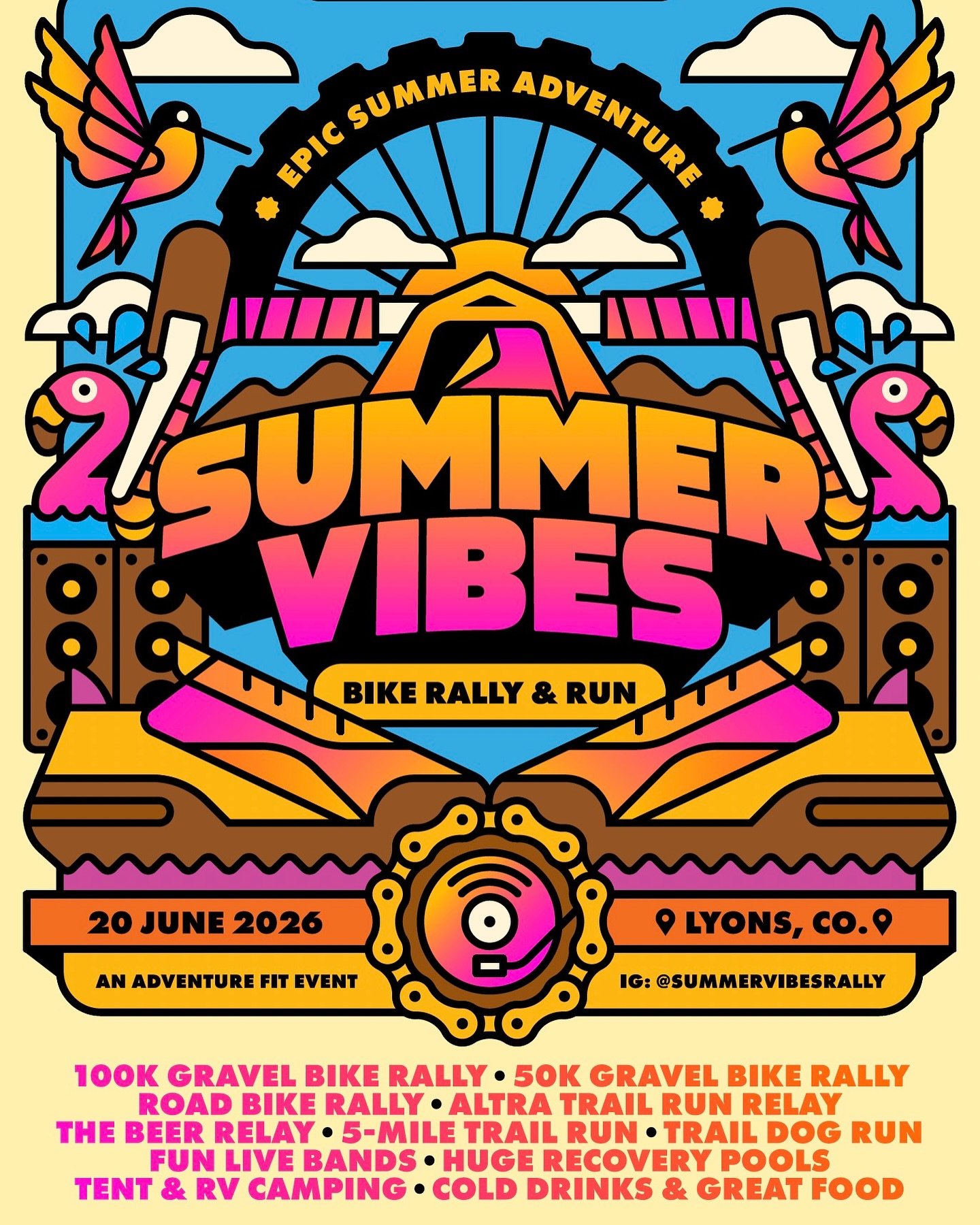 Presenting the 2026 @summervibesrally, an Epic 🌞 SUMMER Adventure coming up on June 20, 2026 in @lyons_colorado. 
It&rsquo;s an action-packed weekend for 🚲 riders, 🏃 runners, 🐕 dogs, 🎶 music lovers, 💦 pool loungers, 🏕️ happy campers, and 🎊 pa