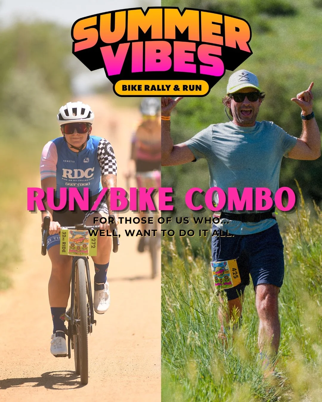 Love to ride AND run? Jill/Jack of all trades? We feel that. Which is exactly why we made sure Summer Vibes Rally has something for everyone, including our Run/Bike Combo option.

Start your day with our 5-mile run, taking on two laps of the 2.5-mile