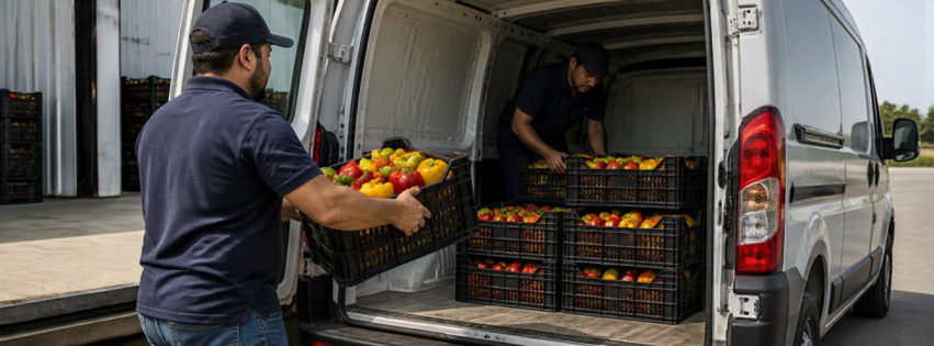 Hombre descargando cajas con frutas en la parte trasera de una furgoneta blanca.