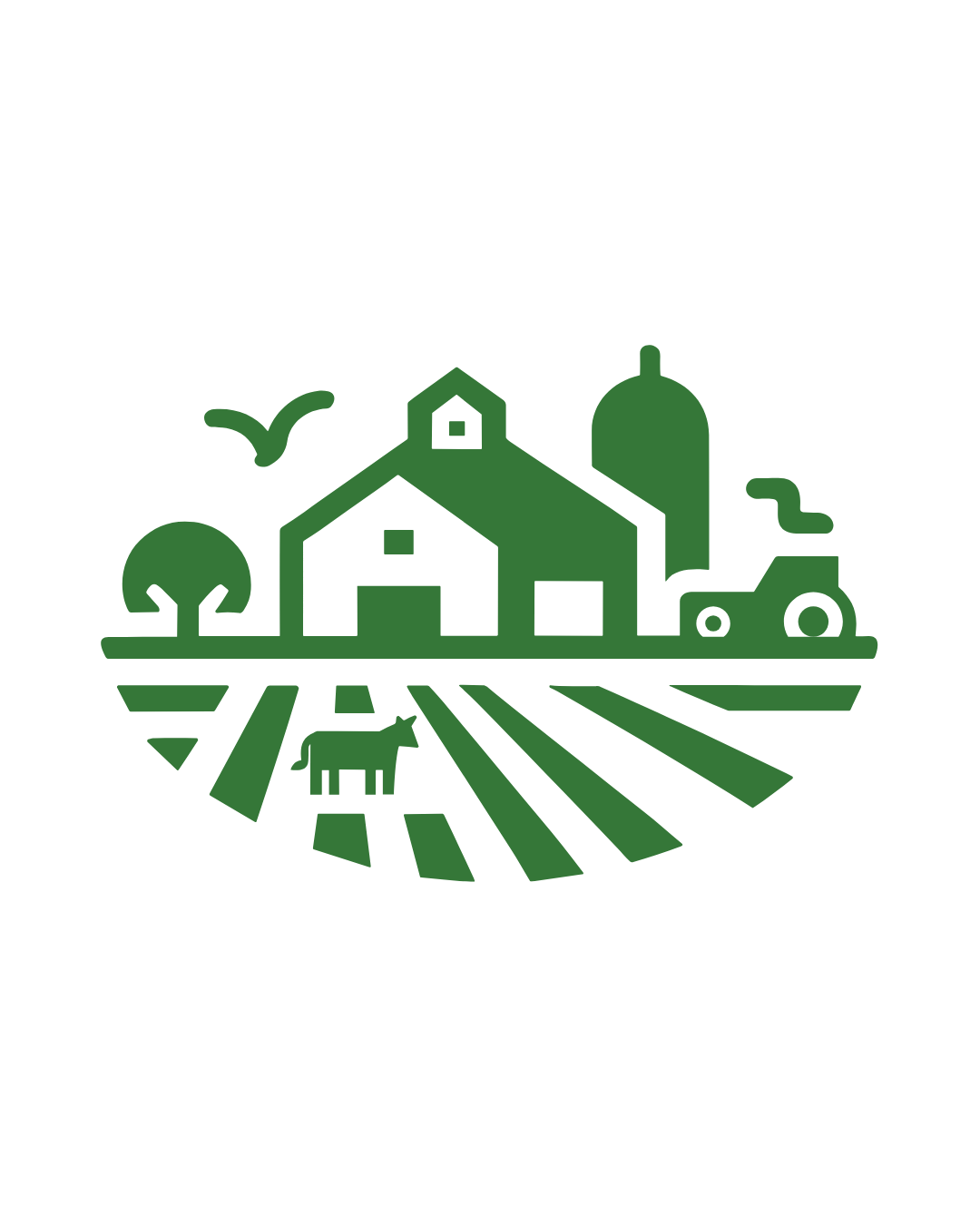 Icono de una granja con campos de cultivo, árboles, un animal, y una casa en tonos verdes.