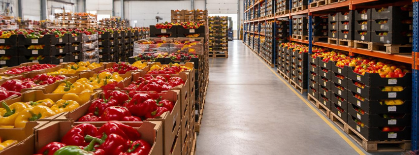 Pallets con pimientos rojos, amarillos y verdes en un almacén de abarrotes.