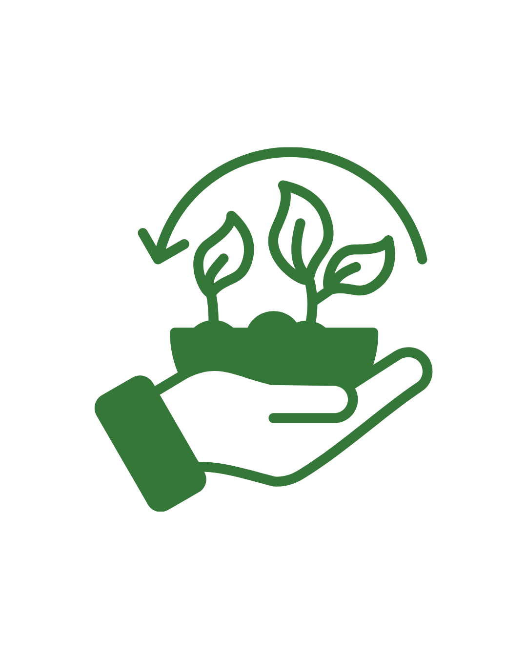 Icono de una mano sosteniendo una maceta con dos plantas, con un arco verde sobre ellas, simbolizando el cuidado ambiental o la agricultura sostenible.