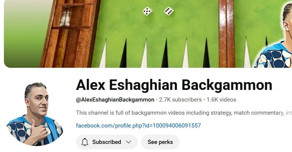 1A good friend and a Board Member at the US Backgammon Federation (USBGF), a consummate backgammon streamer and author of Backgammon Backgame Strategies, Alex Eshaghian is a  giant proponent of the game.  Anyone wanting to learn more strategy and pla