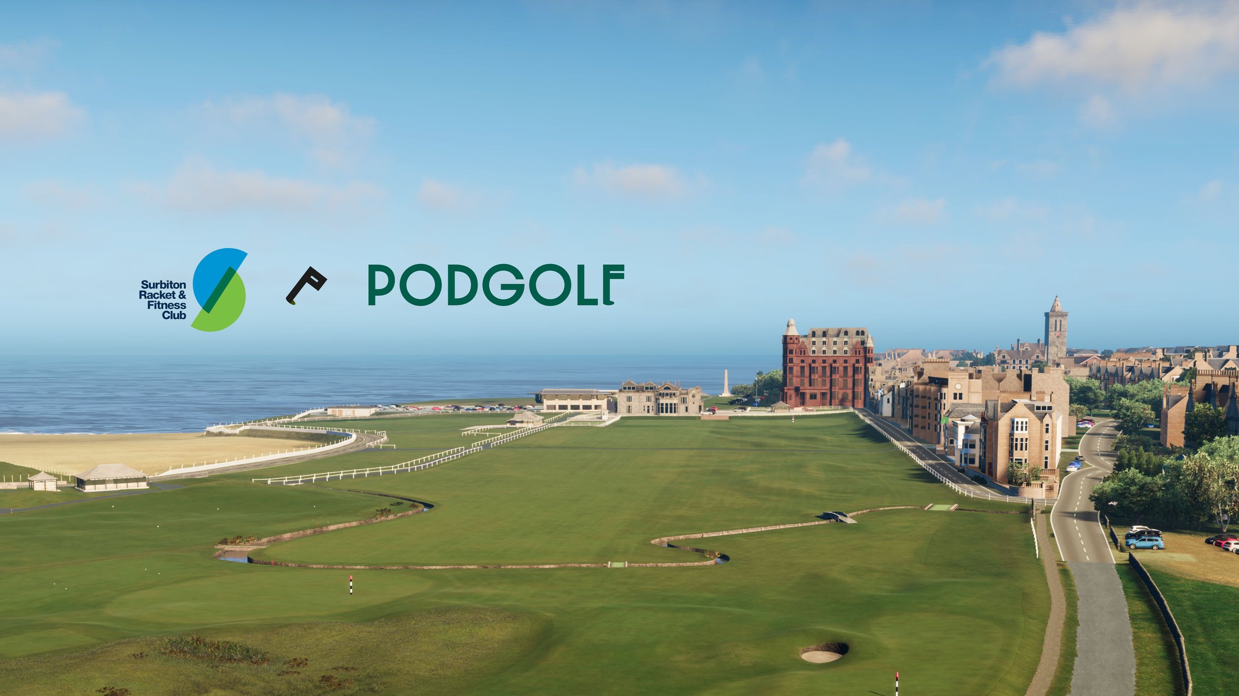 A scenic view of a golf course near the coast with a cityscape in the background, featuring buildings and a lighthouse under a blue sky with scattered clouds.