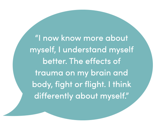 Client testimonial speech bubble on understanding trauma's effects on the brain, body, and fight or flight response