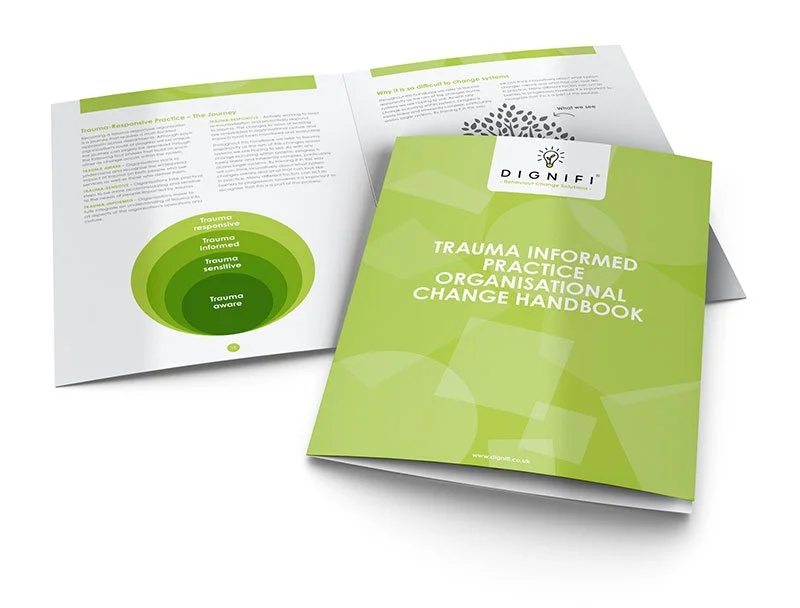Dignifi Trauma Informed Practice Organisational Change Handbook showing the trauma-aware to trauma-responsive framework
