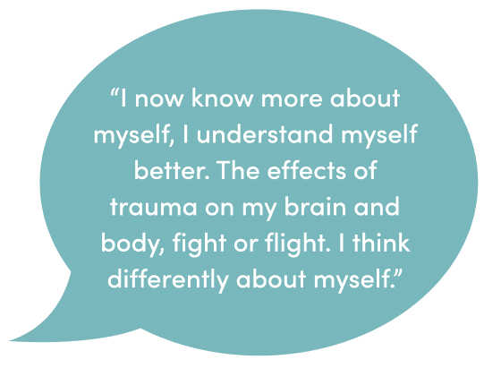 Client testimonial speech bubble on understanding trauma's effects on the brain, body, and fight or flight response