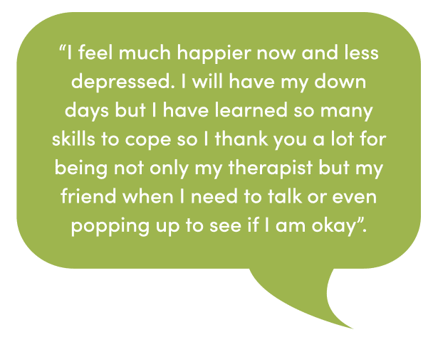 Client testimonial speech bubble reading: feeling happier and less depressed after learning coping skills through trauma informed support
