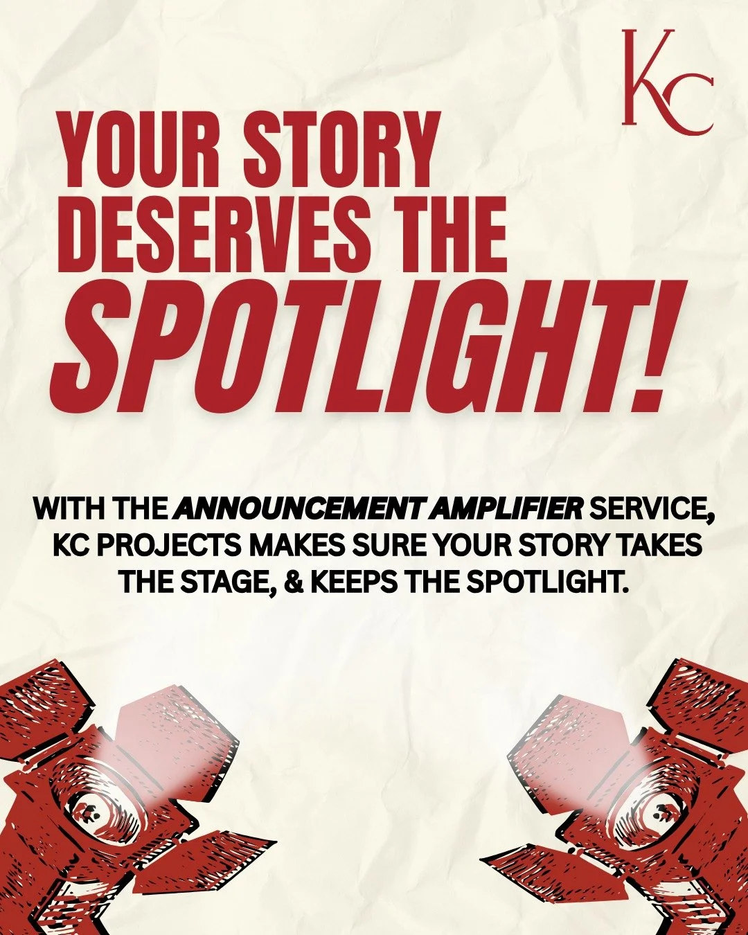 When the spotlight hits, WILL YOUR COMPANY BE READY? 
With KC Projects’ Announcement Amplifier service, the answer is YES. 🙌
This tailored PR package is designed to make your big moments impossible to miss. From strategy, media outreach to d