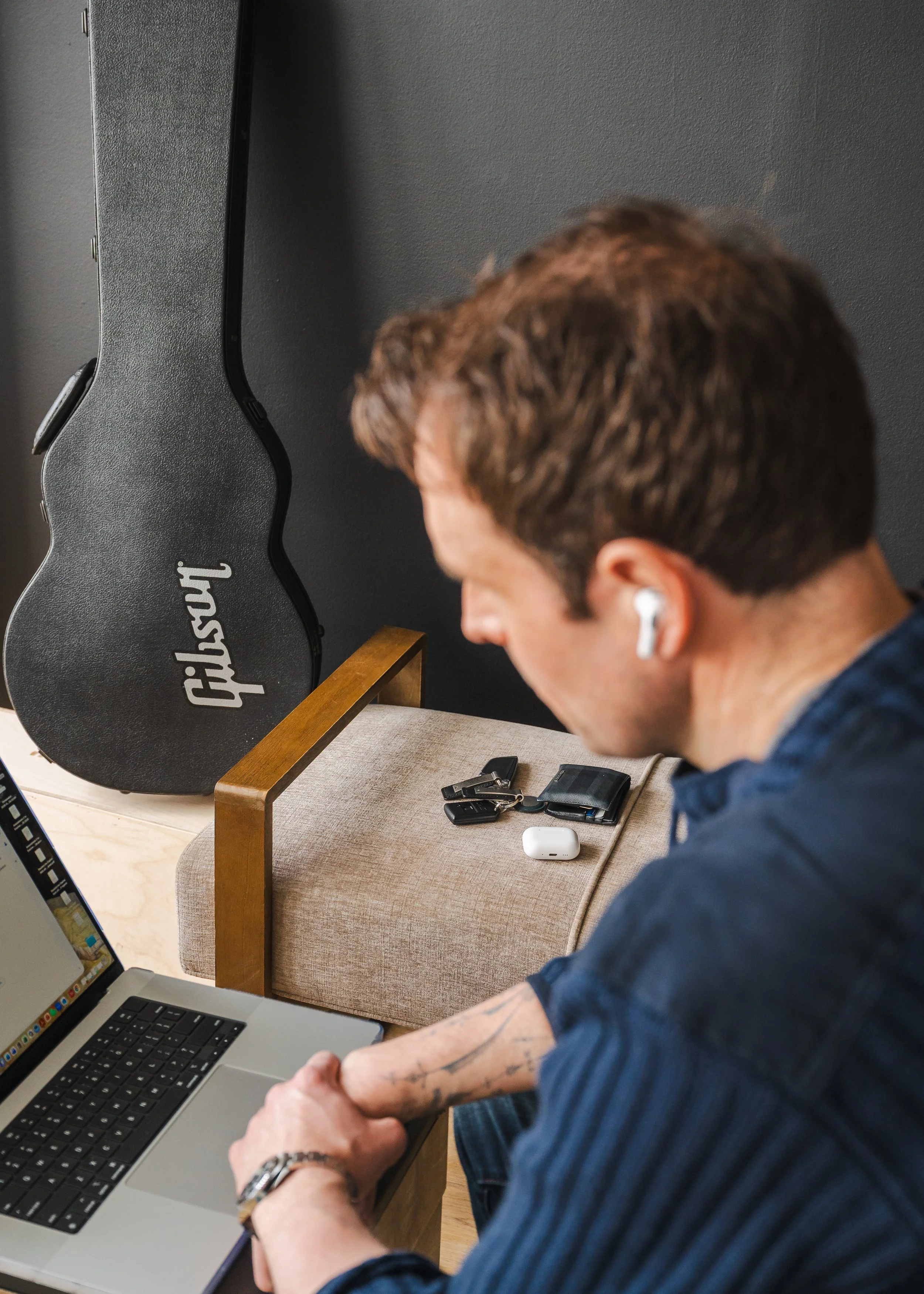 A personal branding shot of an executive working remotely and on a conference call