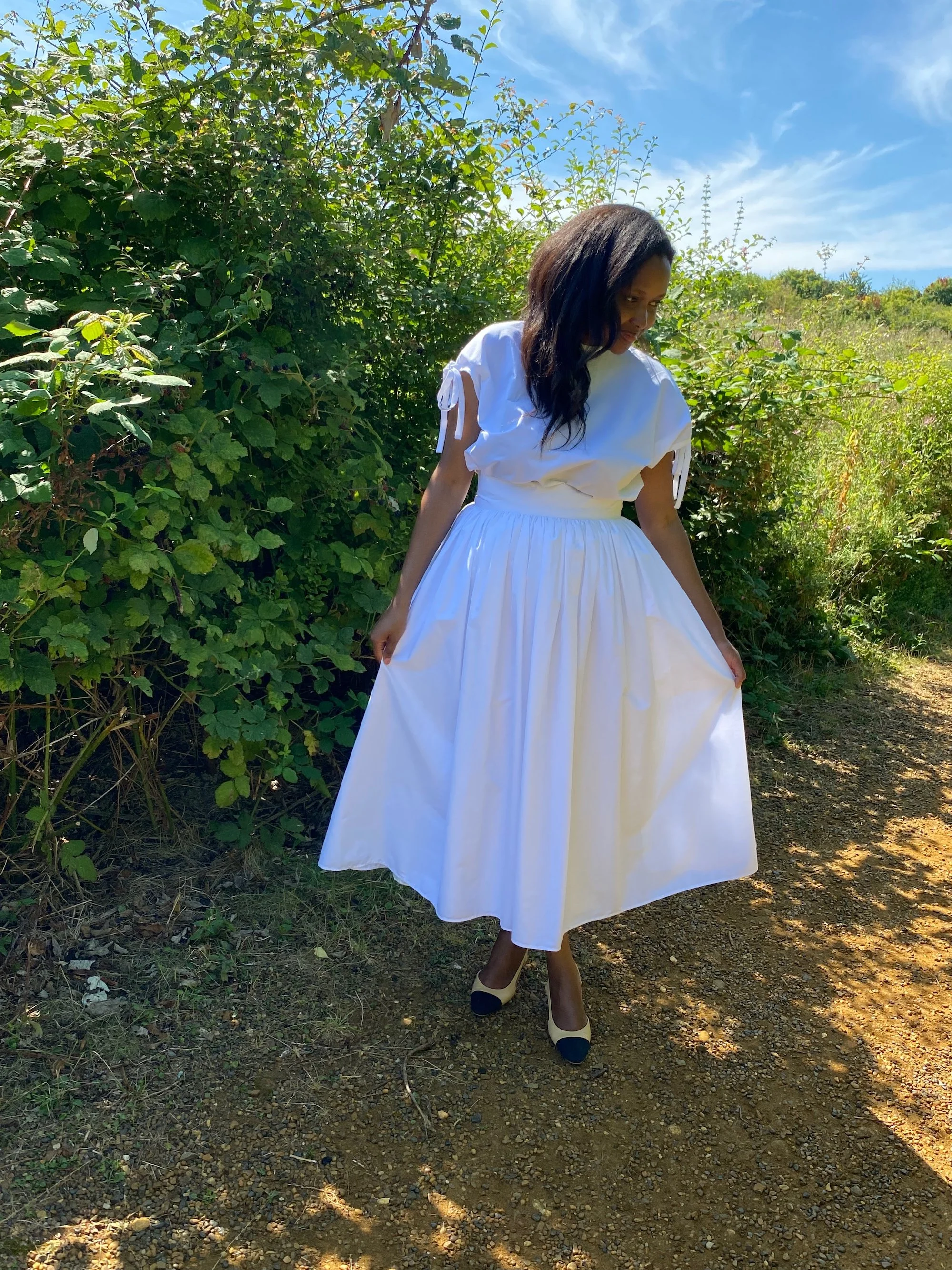 Poppy Belle - A luxurious romantic full gathered skirt and bow blouse set in organic white poplin