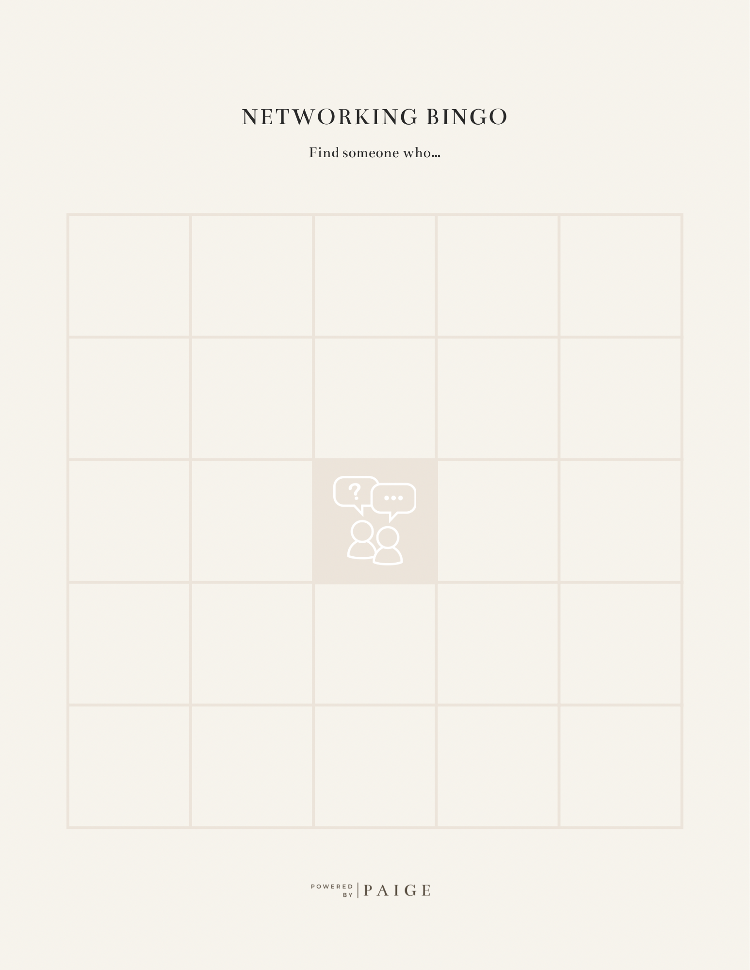 A networking Bingo image of a bingo sheet with empty squares, available for purchase