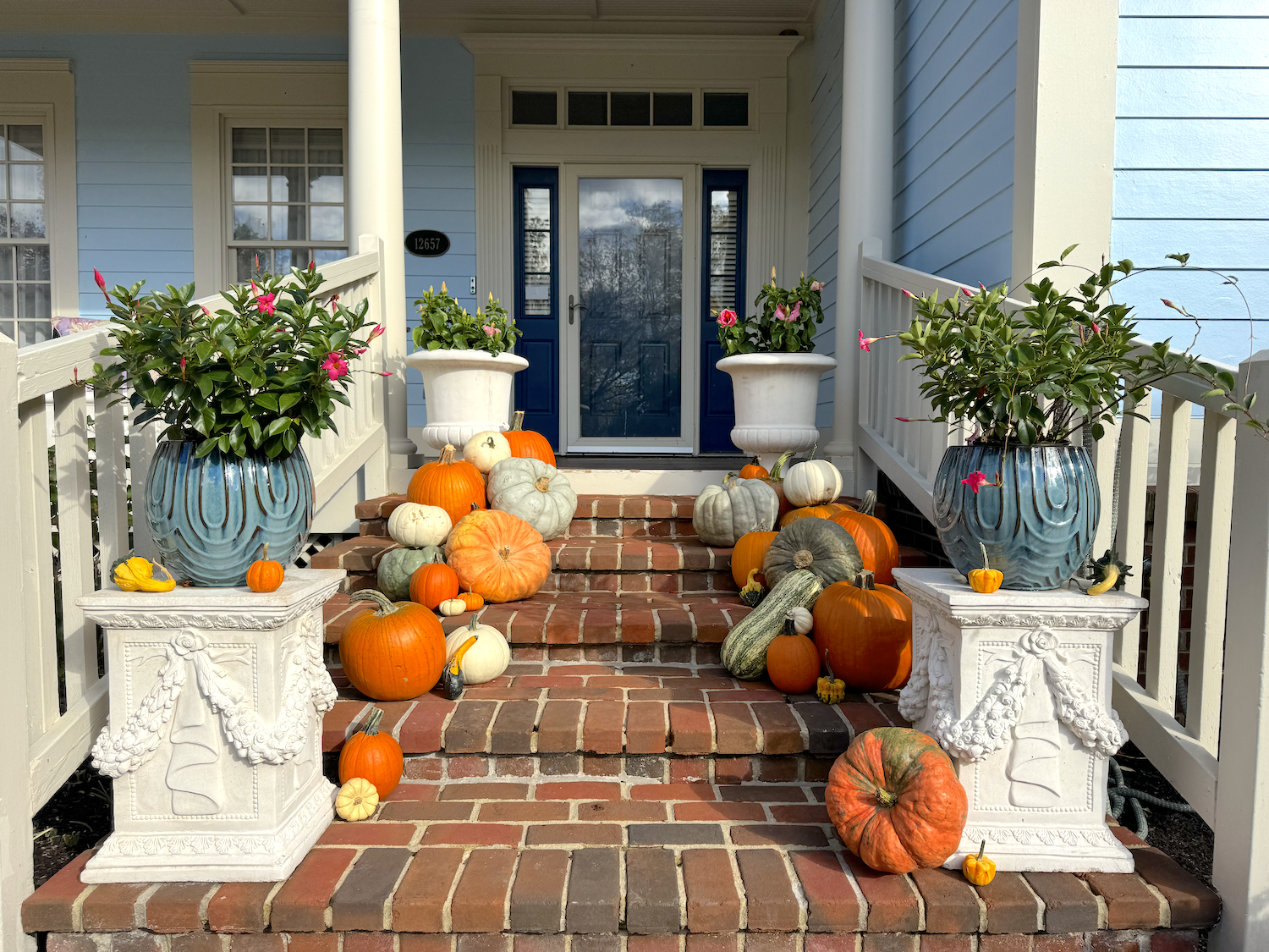 The Classic Porch Pumpkin Display located in the Village of West Clay in Carmel, Indiana. Pumpkin Decor Indy is now serving the Indianapolis and surrounding areas.