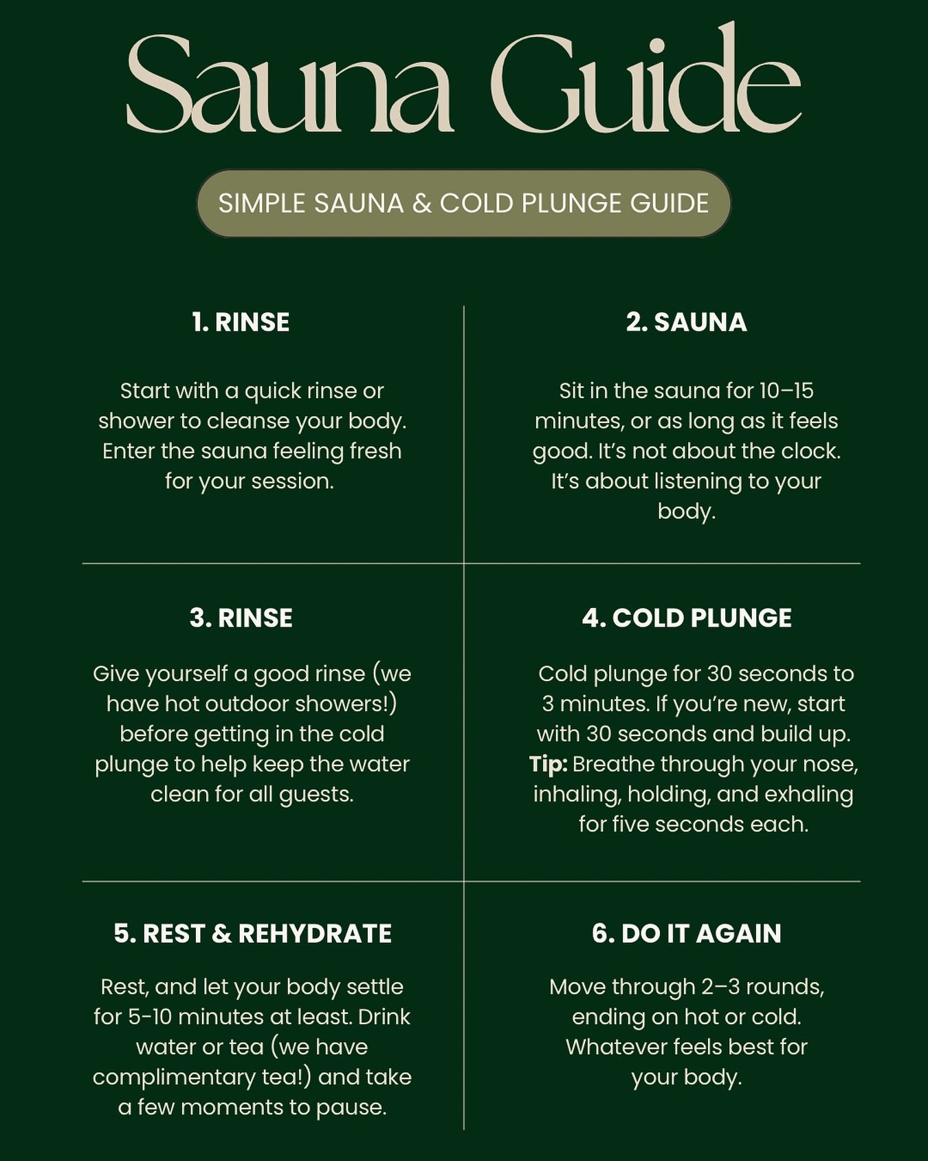 If you are new to sauna and cold plunge, welcome! This guide is for you. And if you aren&rsquo;t new, well this is still a good reminder. 

One of the common questions I get is what a typical round of sauna and cold plunge looks like. It&rsquo;s a go