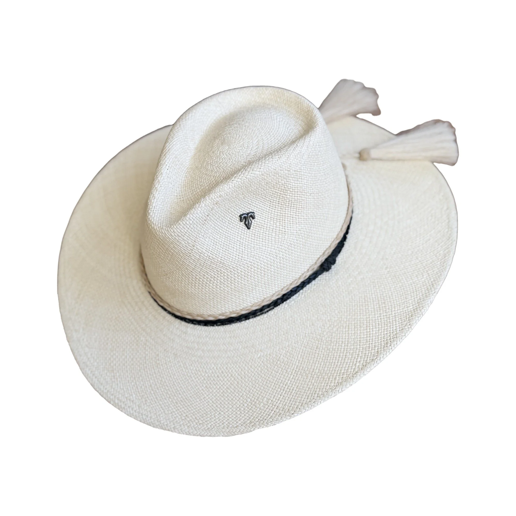PHIPPS handwoven toquilla straw hat in alabaster with black leather, spinel and horsehair tassels, by TESH® Palm Beach.