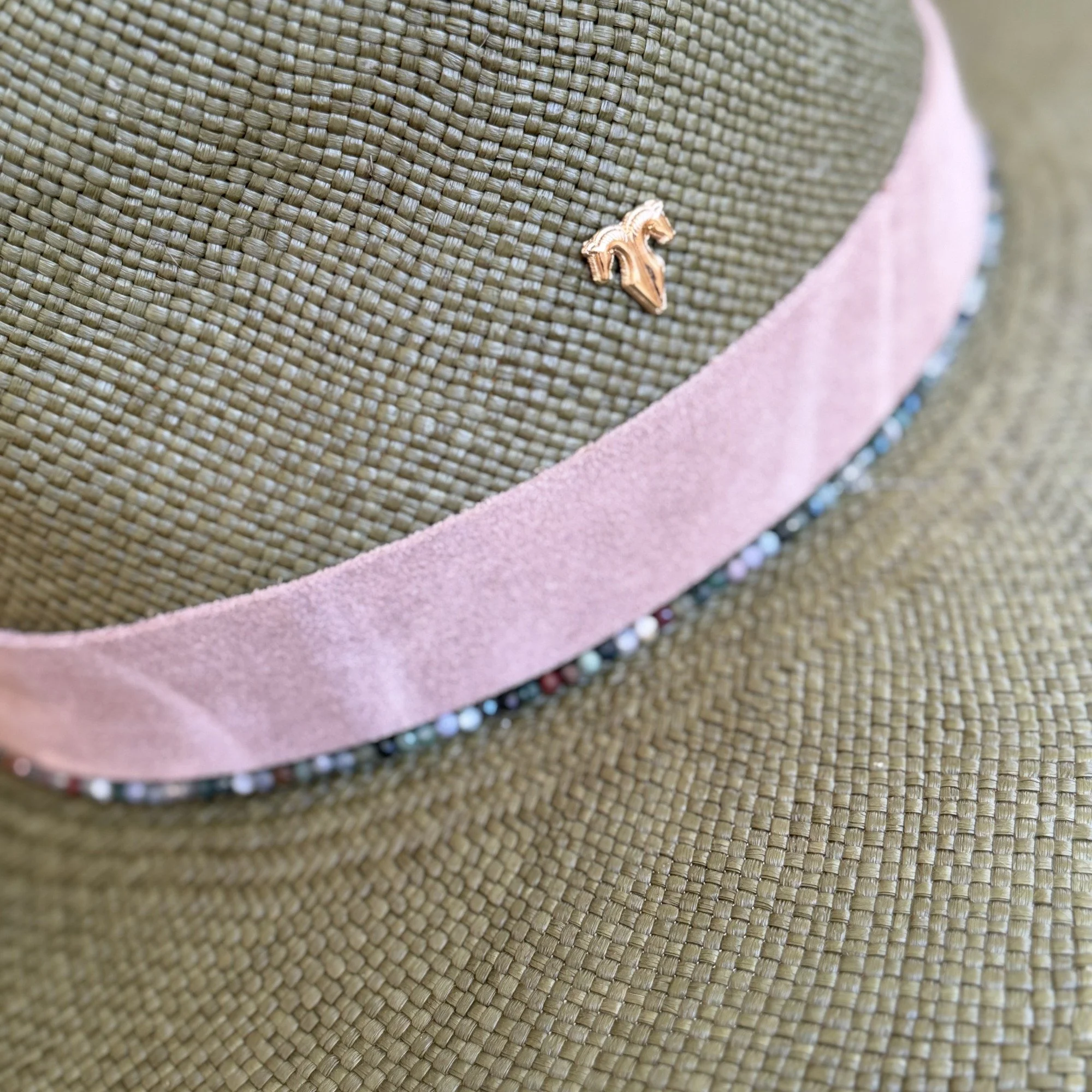 Detail of the DAPHNE suede hatband and India agate gemstones, by TESH® Palm Beach.