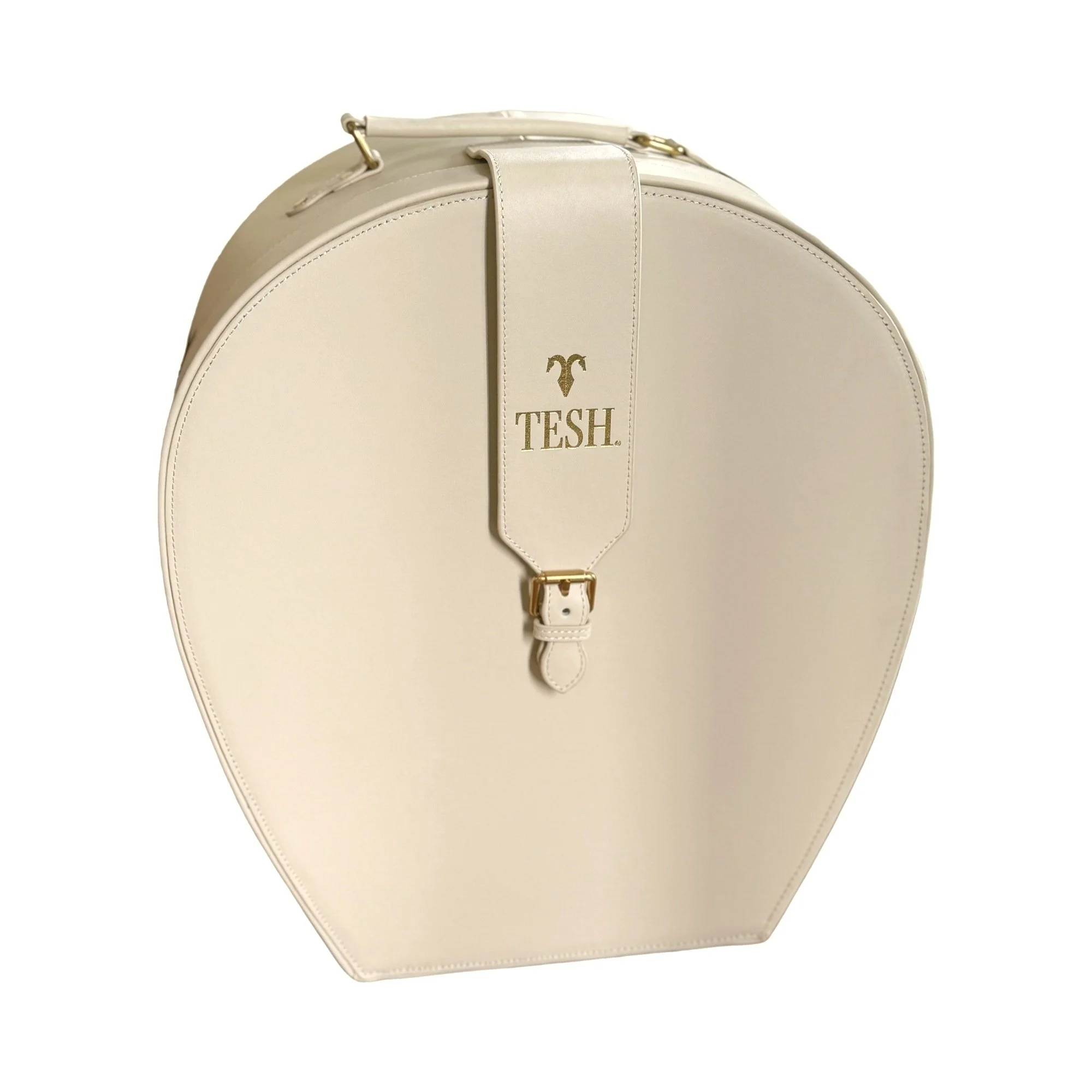 TESH® leather hat carrier in ivory with brass hardware, a travel hat box by TESH® Palm Beach.