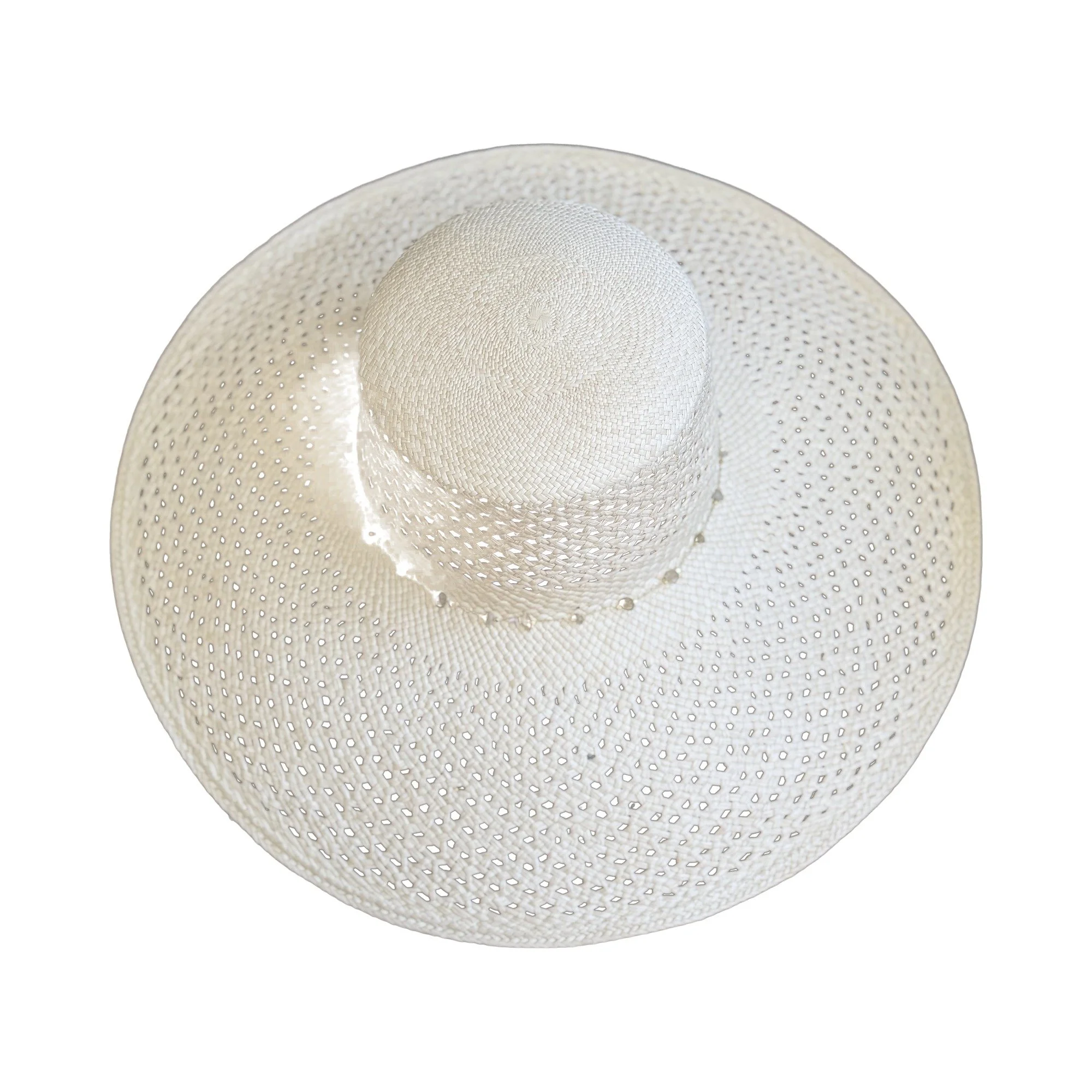 DANIELA open-weave toquilla straw soft boater with 18K chipped stone chain, front view, by TESH® Palm Beach.