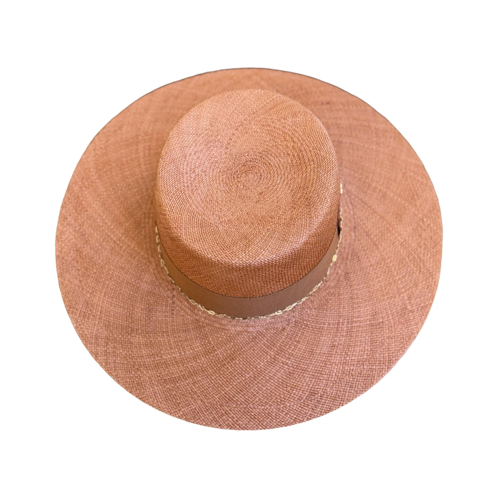 Top view of the PALEY toquilla straw boater in terracotta, by TESH® Palm Beach.