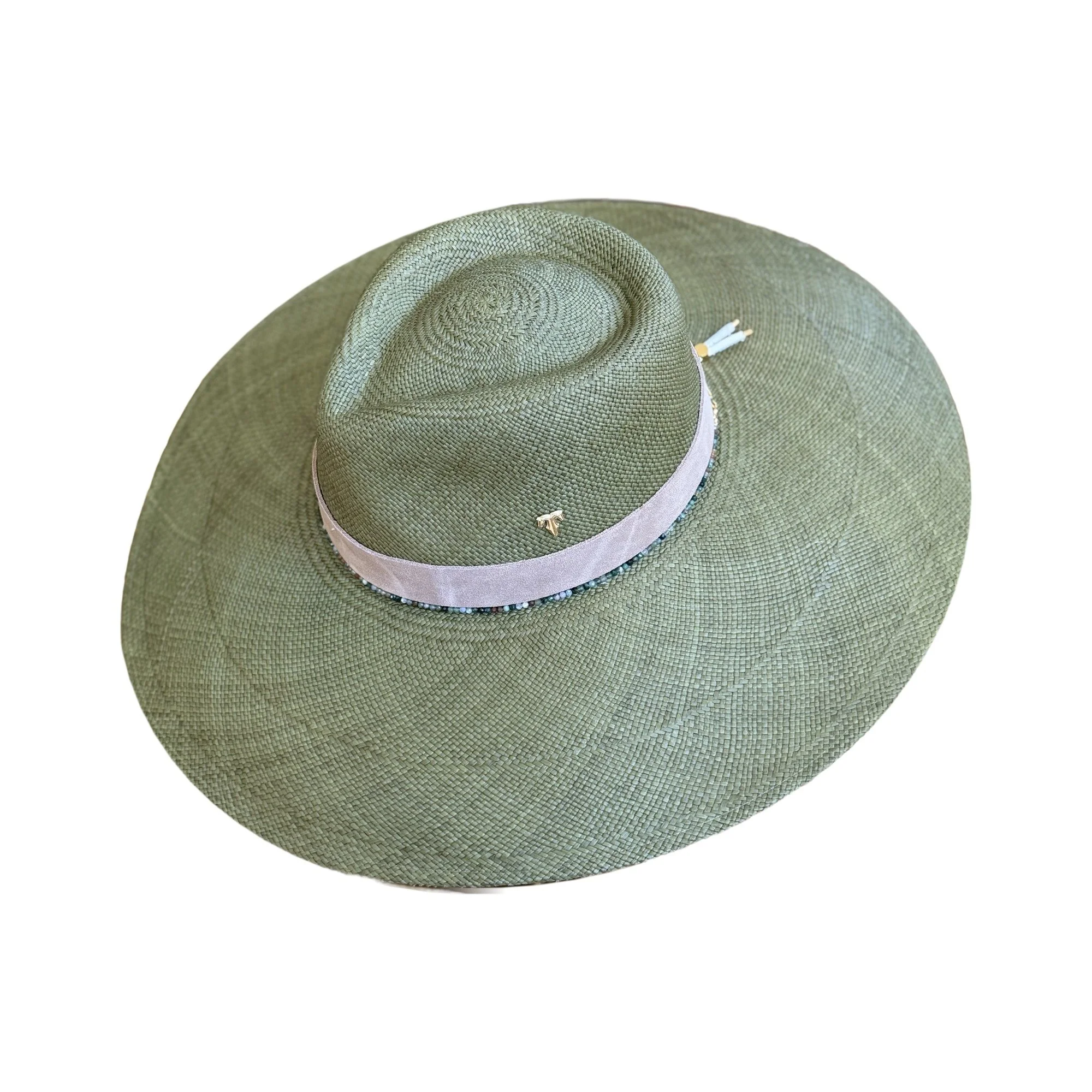 DAPHNE handwoven toquilla straw hat in palm with suede band and India agate gemstones, by TESH® Palm Beach.