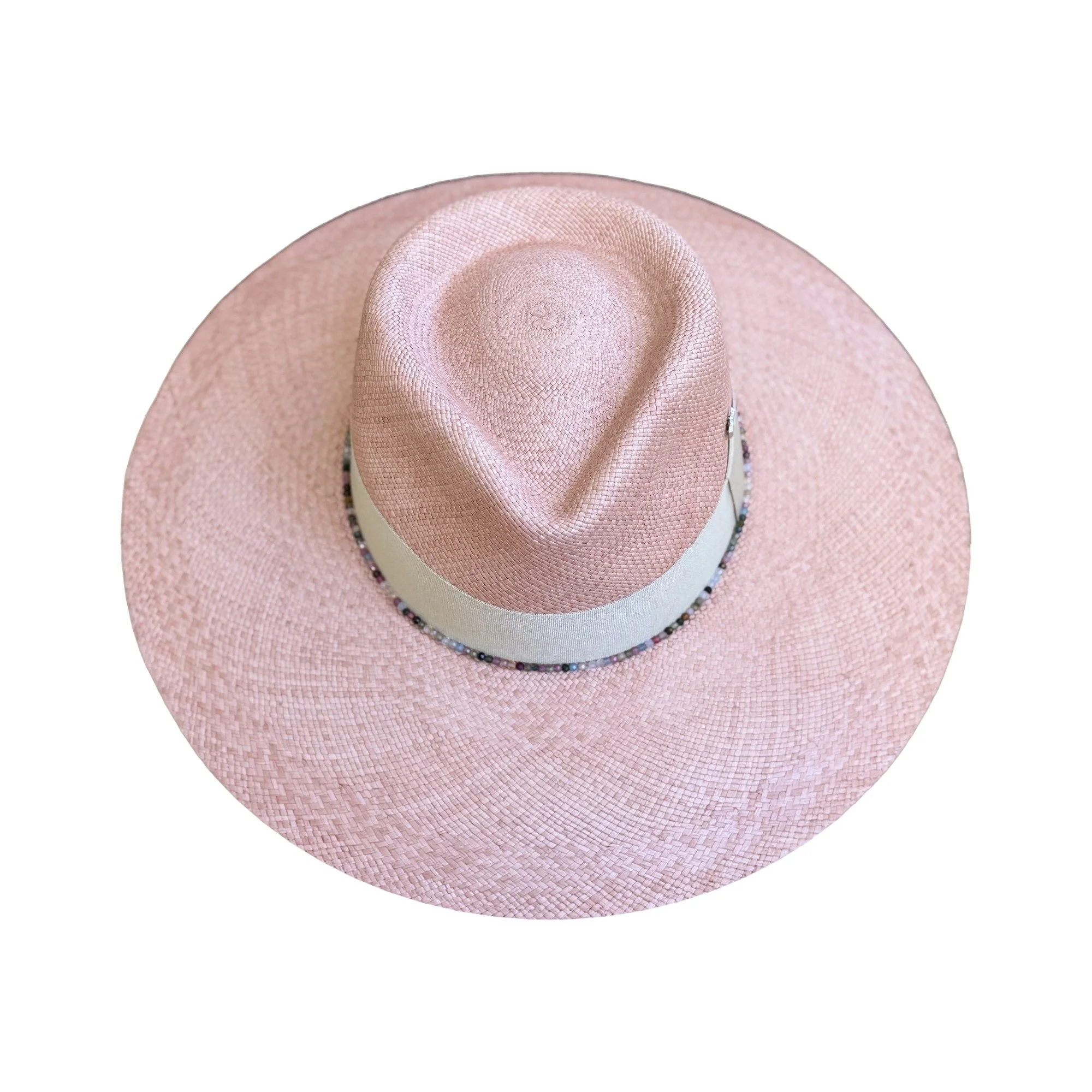 ELSIE handwoven toquilla straw hat in sunset with sand grosgrain and tourmaline gemstones, by TESH® Palm Beach.
