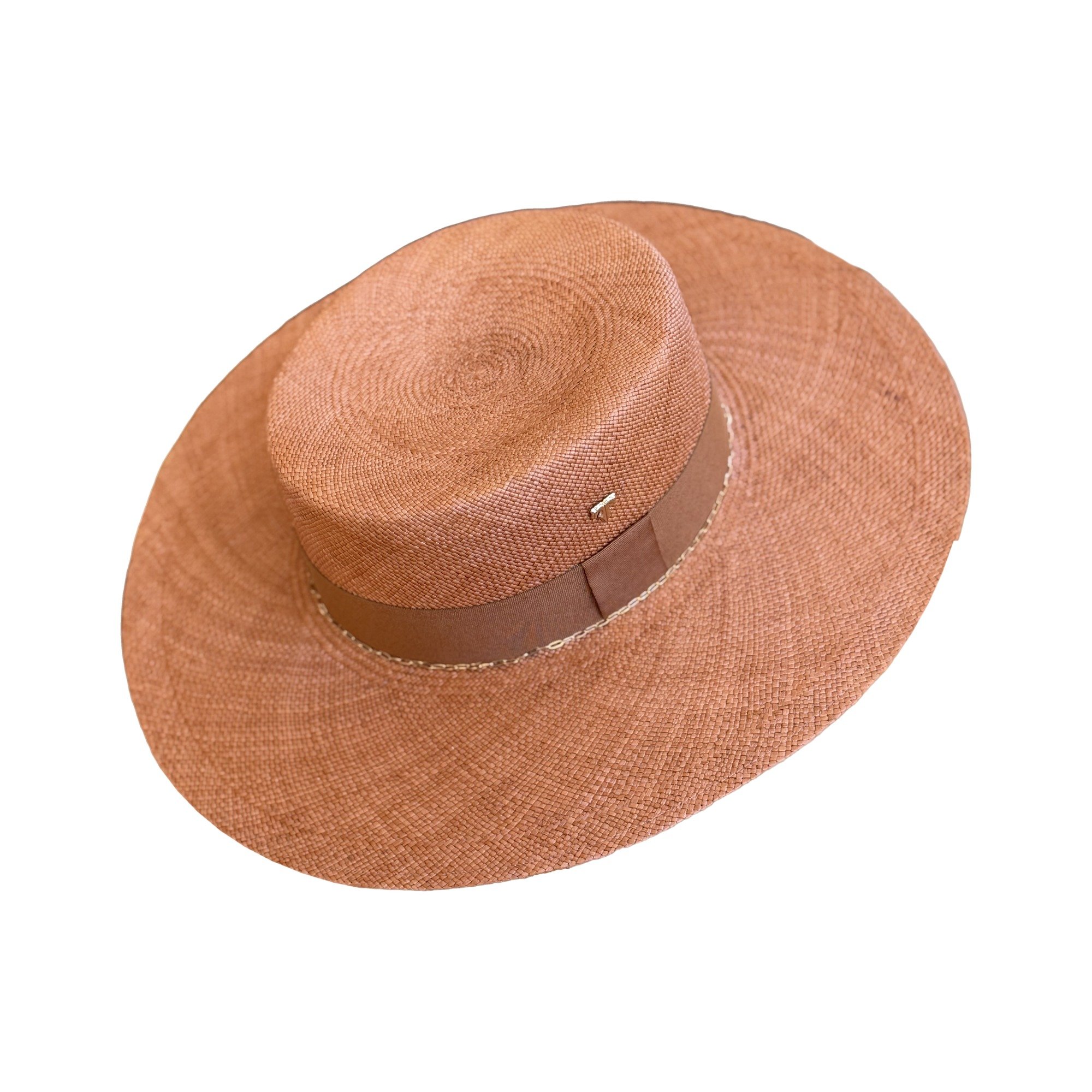 PALEY handwoven toquilla straw boater in terracotta with grosgrain ribbon and gold chain, by TESH® Palm Beach.