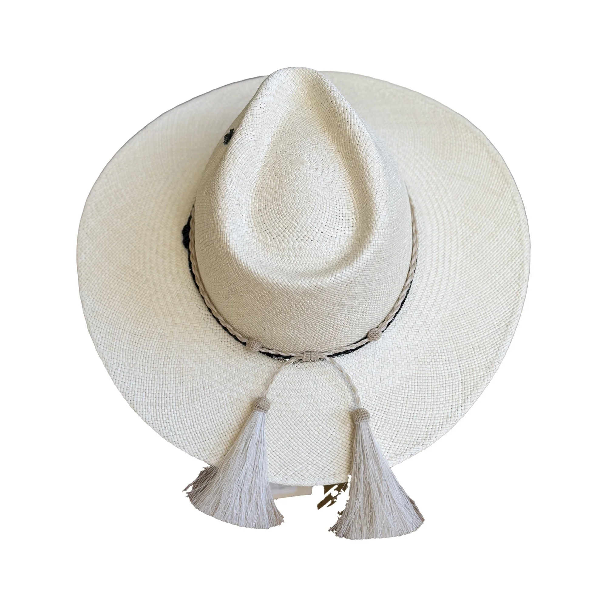 Back view of the PHIPPS toquilla straw hat with palomino horsehair tassels, by TESH® Palm Beach.