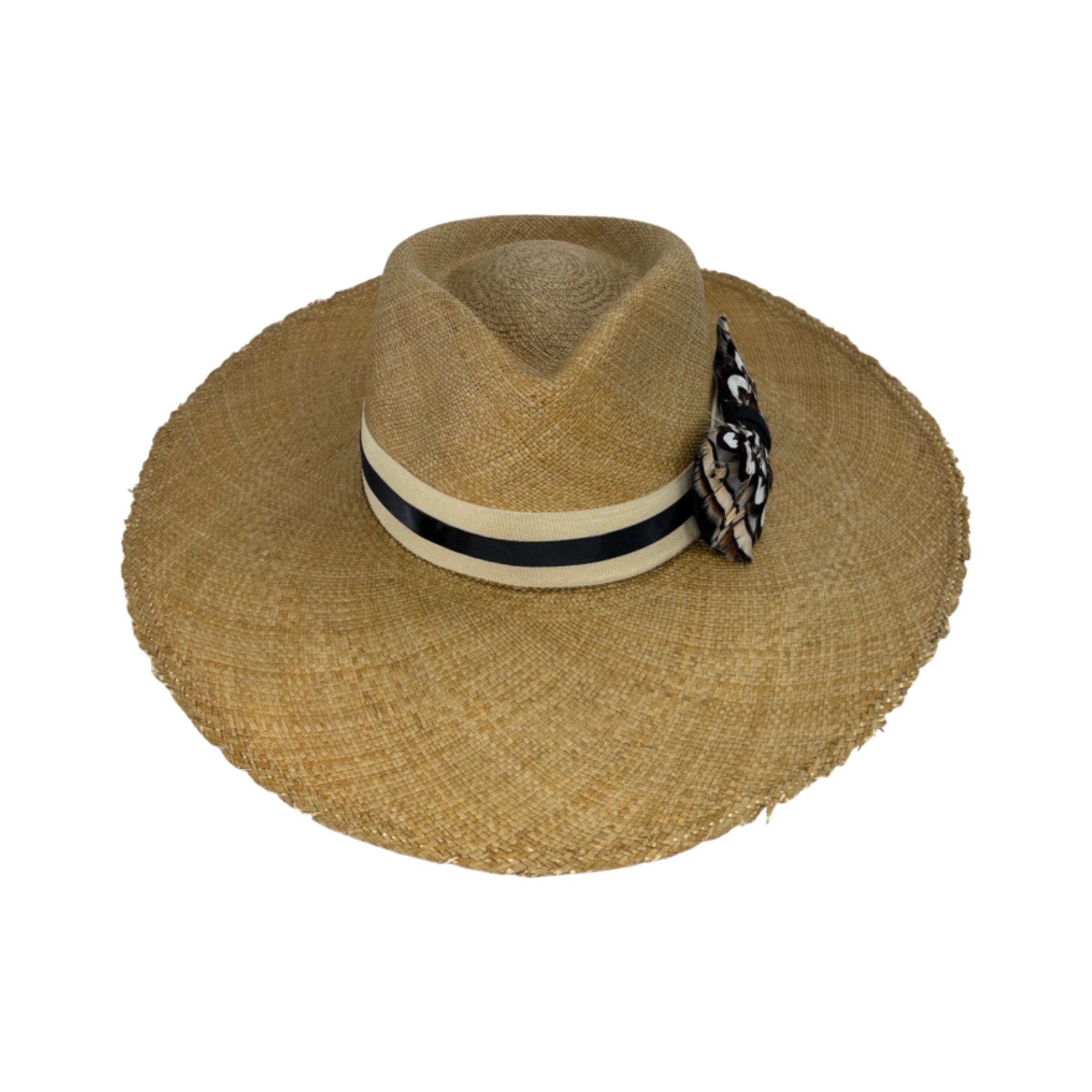 JO handwoven toquilla straw Panama hat in dark taupe with sand grosgrain band and feather bow tie, by TESH® Palm Beach.