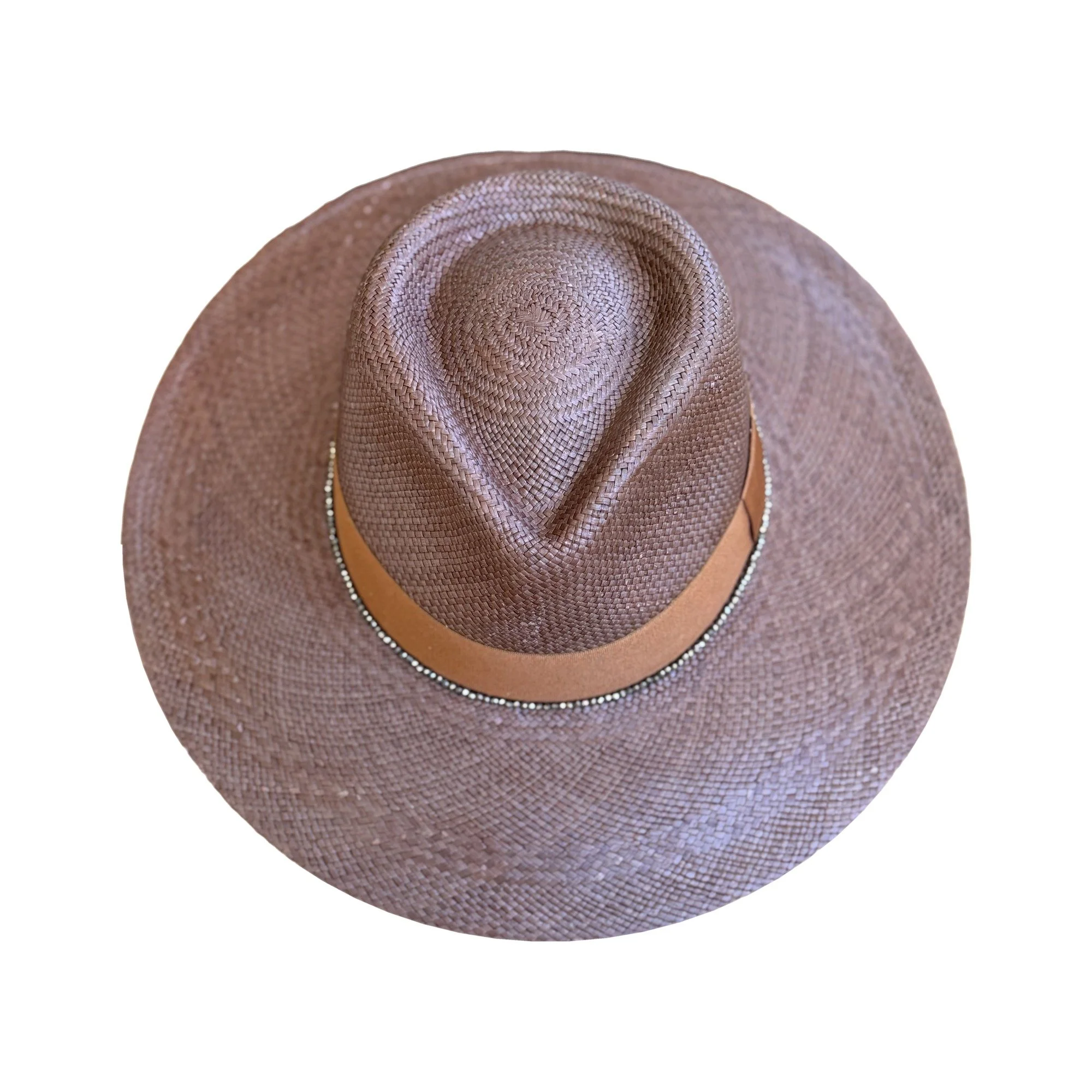 Top view of the MIZNER toquilla straw hat in brown, by TESH® Palm Beach.