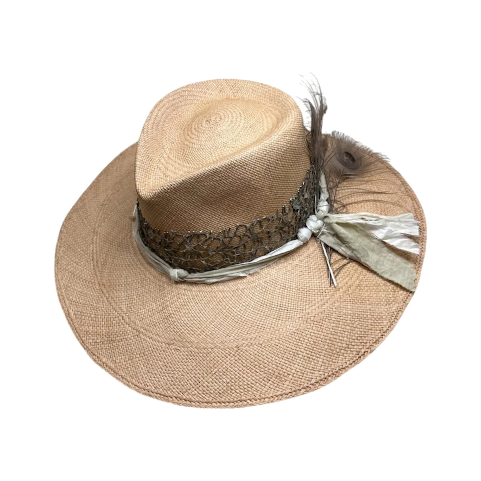 WILLOW handwoven toquilla straw Panama hat in sand with bronze band, sari silk and peacock feathers, by TESH® Palm Beach.