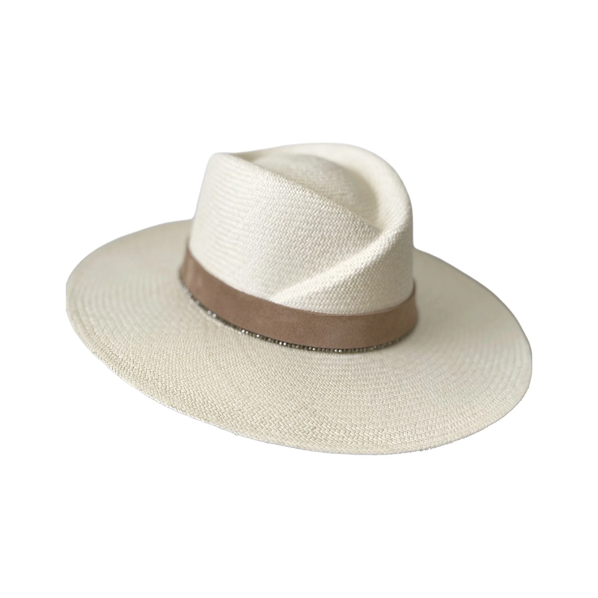 Side view of the ADDISON toquilla straw hat in alabaster with taupe suede band, by TESH® Palm Beach.
