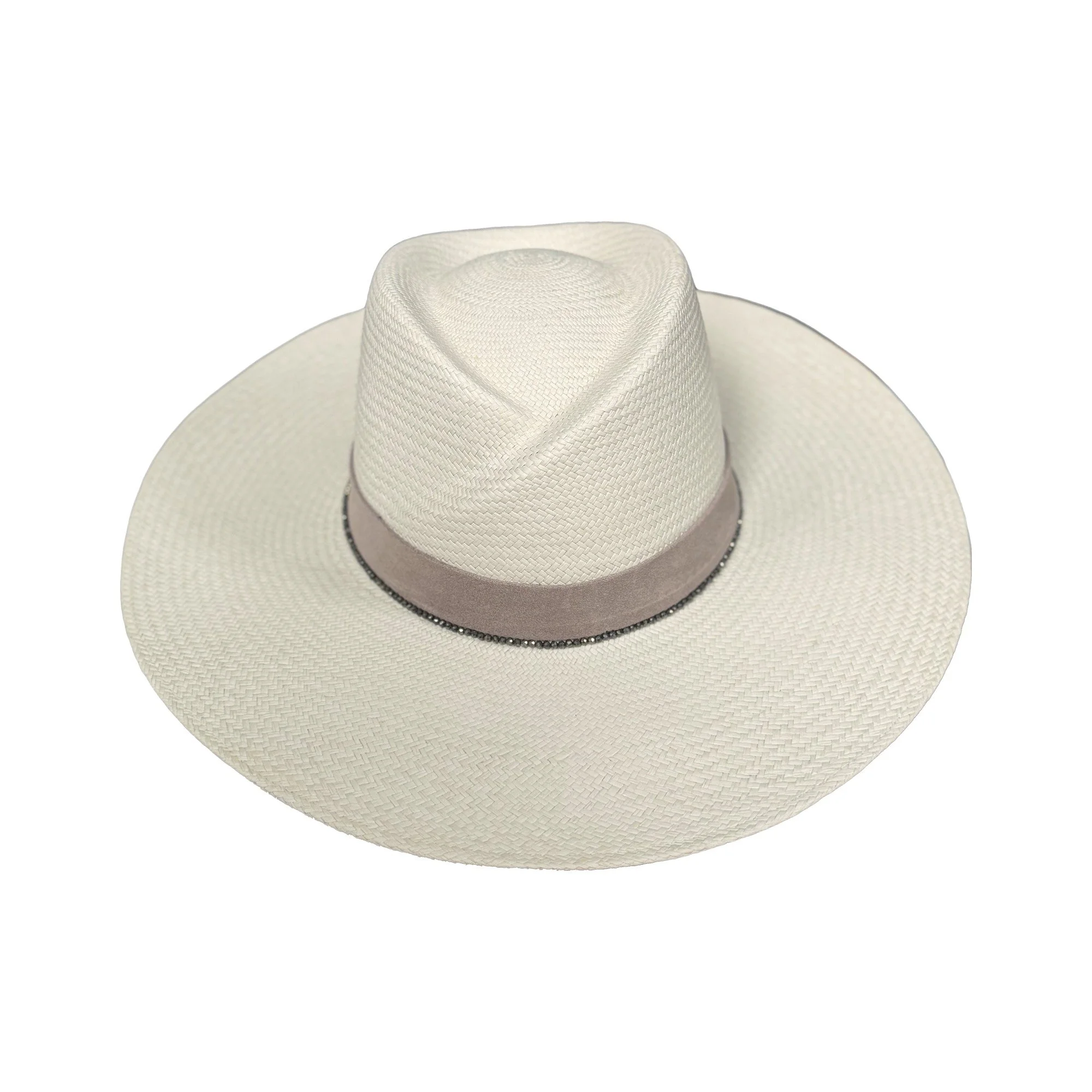 ADDISON handwoven toquilla straw hat in alabaster with taupe suede band and pyrite gemstone strand, by TESH® Palm Beach.