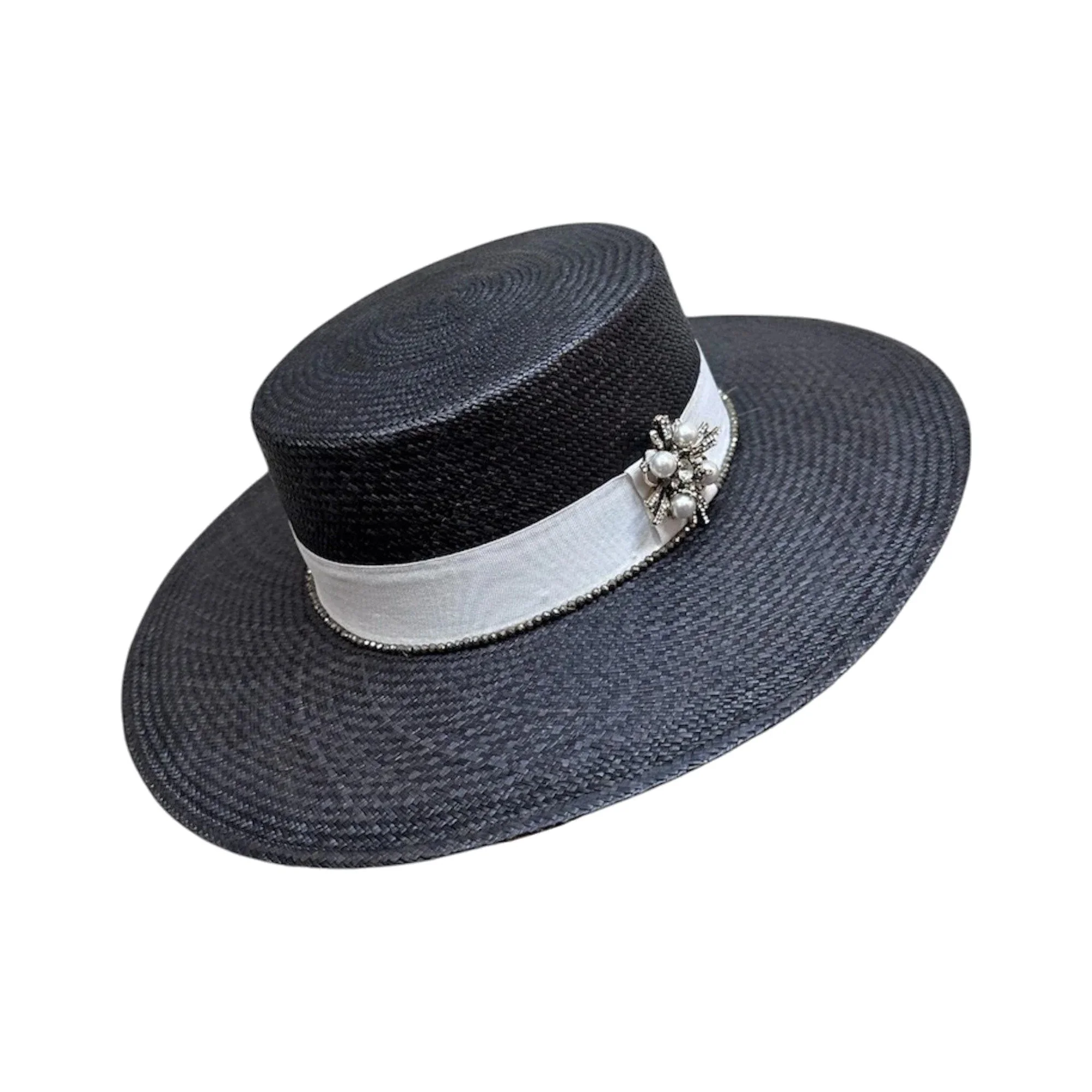 AUDREY handwoven toquilla straw Panama hat in onyx with white grosgrain band and pearl brooch, by TESH® Palm Beach.