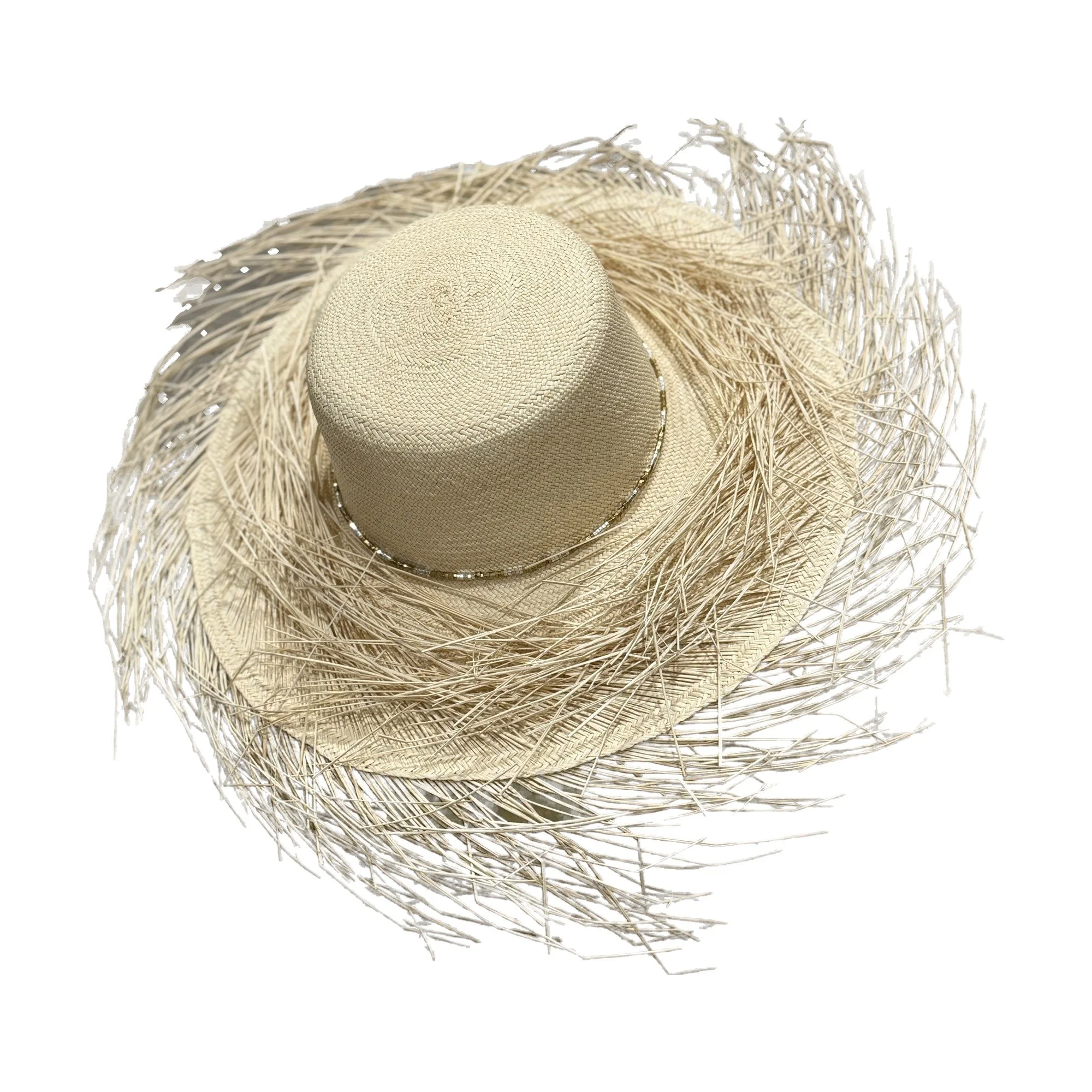 Side view of the ZLATA fringed toquilla straw boater in natural, by TESH® Palm Beach.