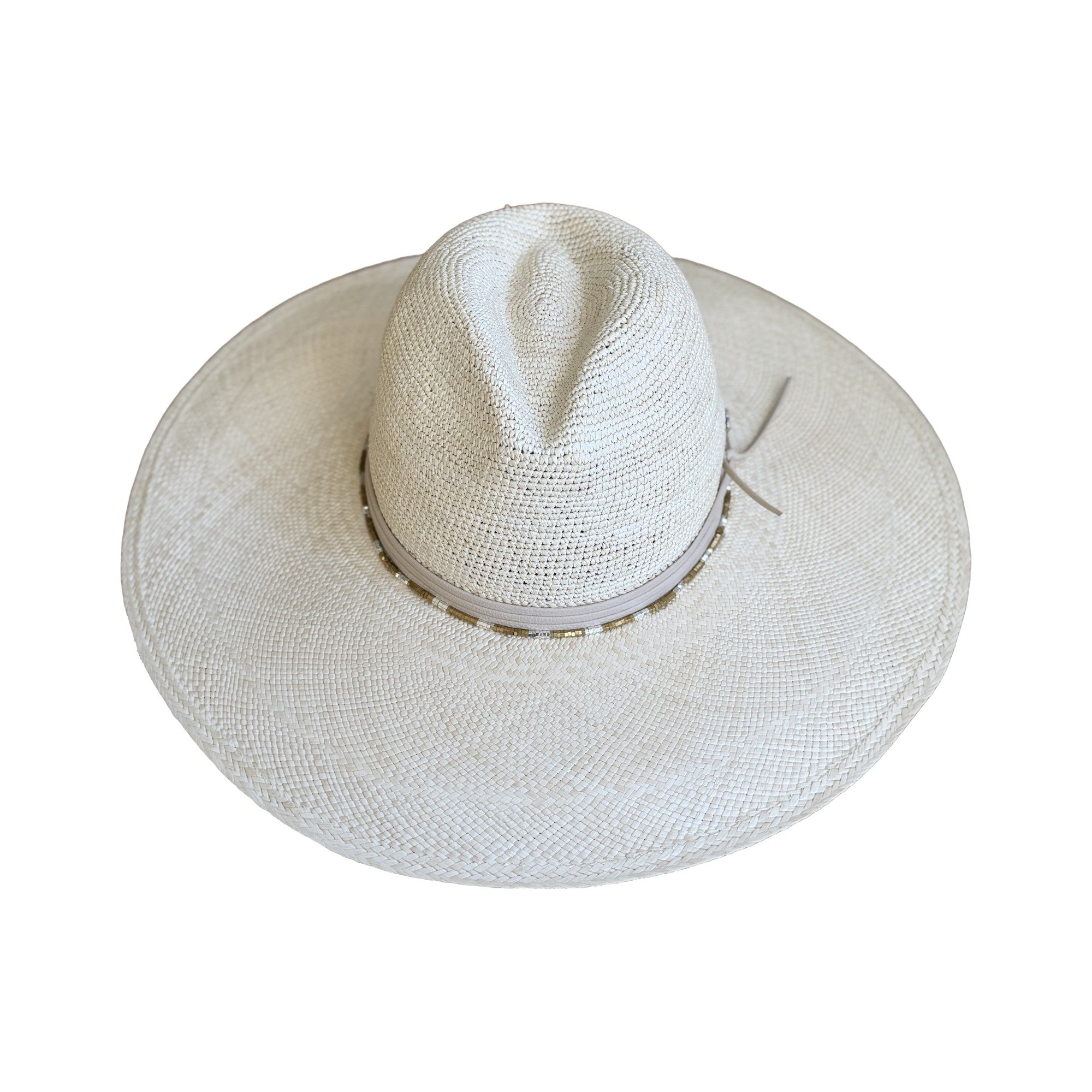WELLINGTON handwoven toquilla straw hat in natural with leather wrap and mixed metal hatband, by TESH® Palm Beach.