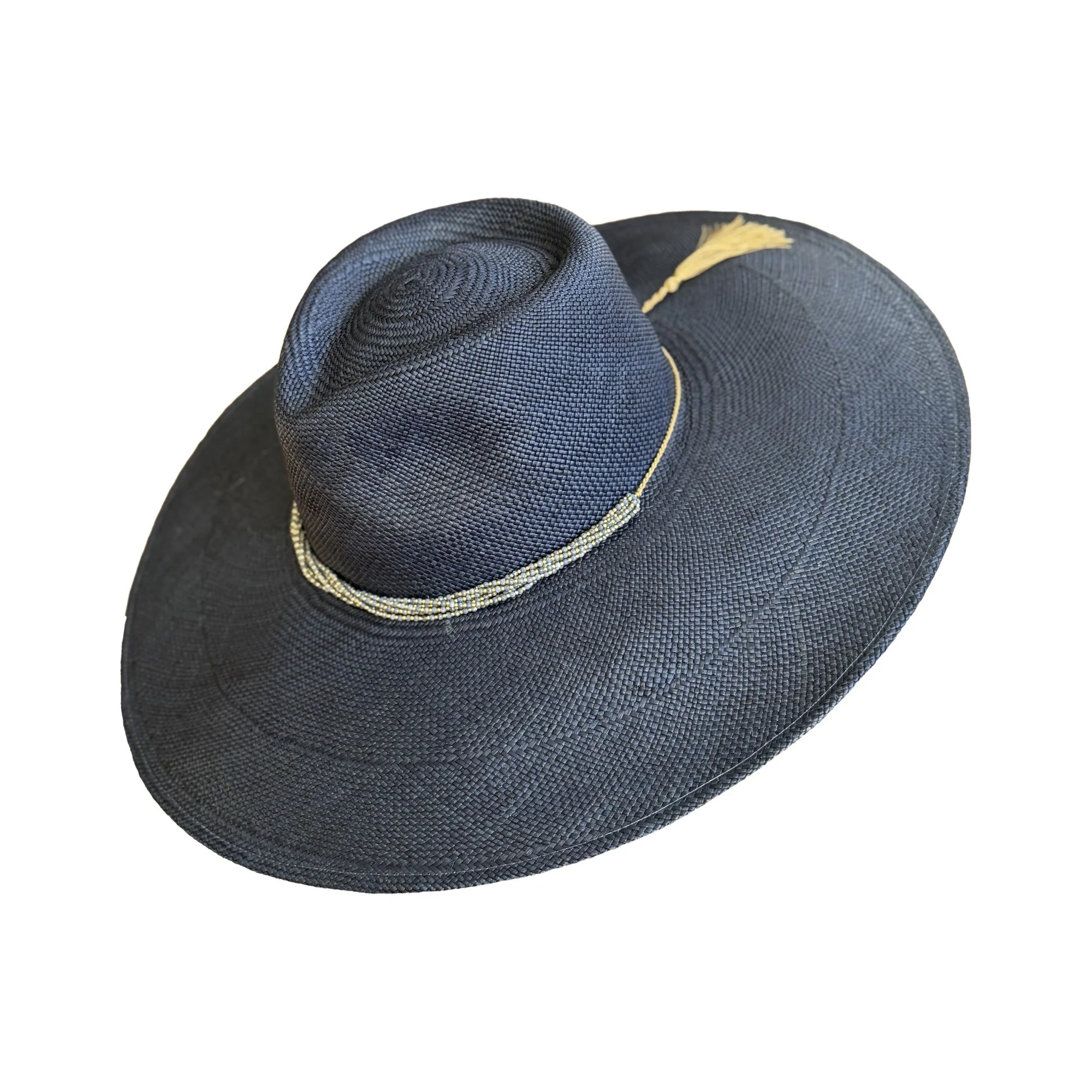 Side view of the BLYTHE toquilla straw hat in Atlantic blue with golden tassel, by TESH® Palm Beach.