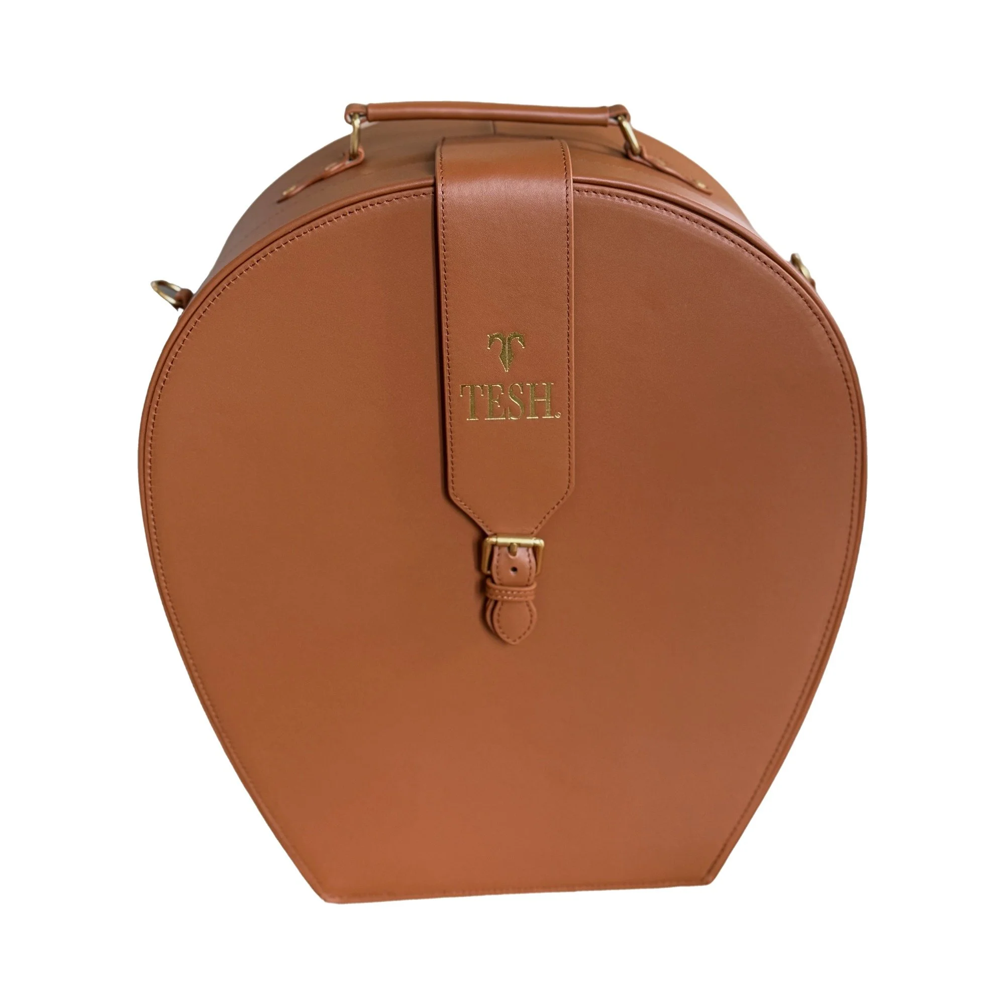 TESH® leather hat carrier in chestnut with brass hardware, a travel hat box by TESH® Palm Beach.