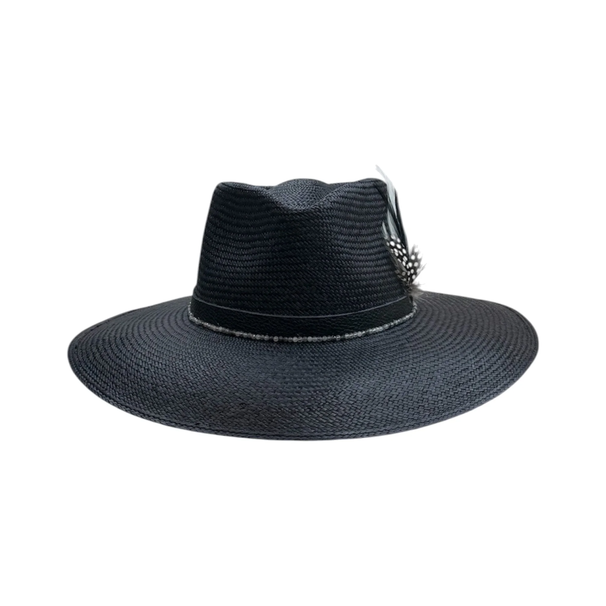 BLAIR handwoven toquilla straw Panama hat in onyx with black leather band and feather collage, by TESH® Palm Beach.