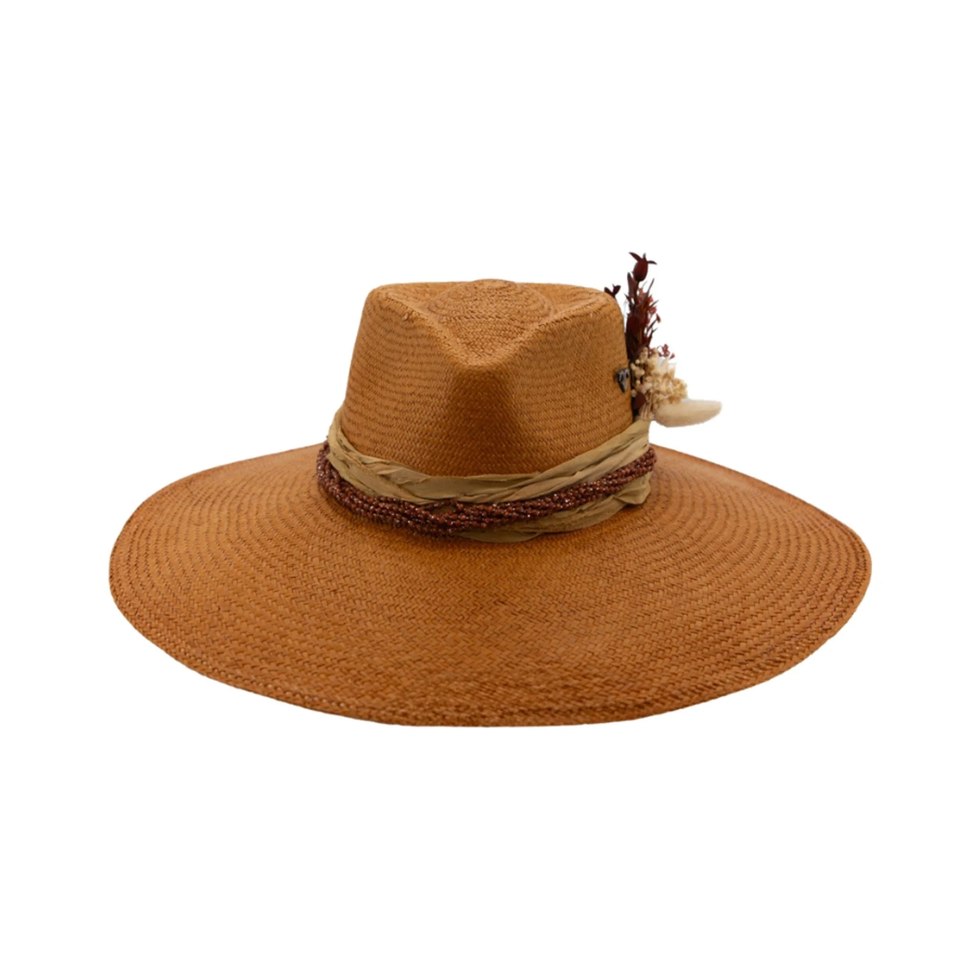 DIANA handwoven toquilla straw Panama hat in sienna with dried flower bouquet and sari silk, by TESH® Palm Beach.