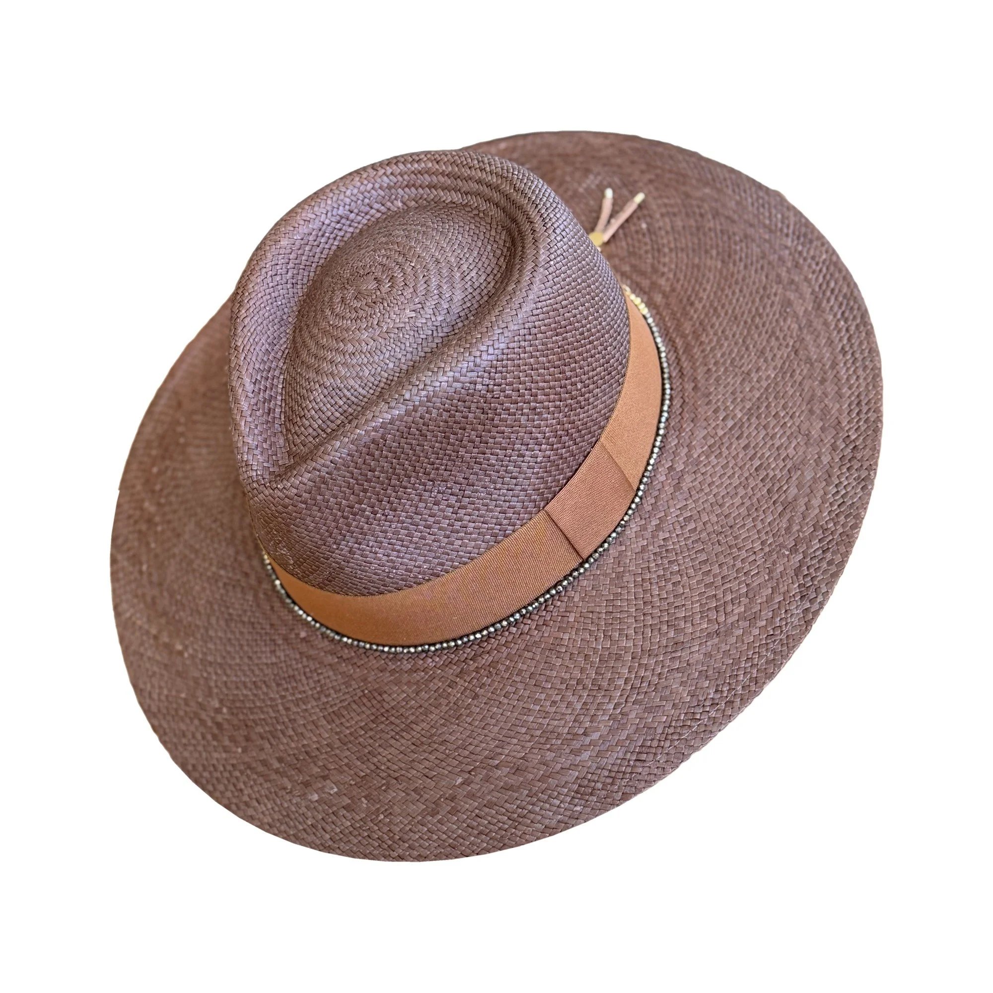 MIZNER handwoven toquilla straw hat in brown with copper grosgrain and gemstone band, by TESH® Palm Beach.