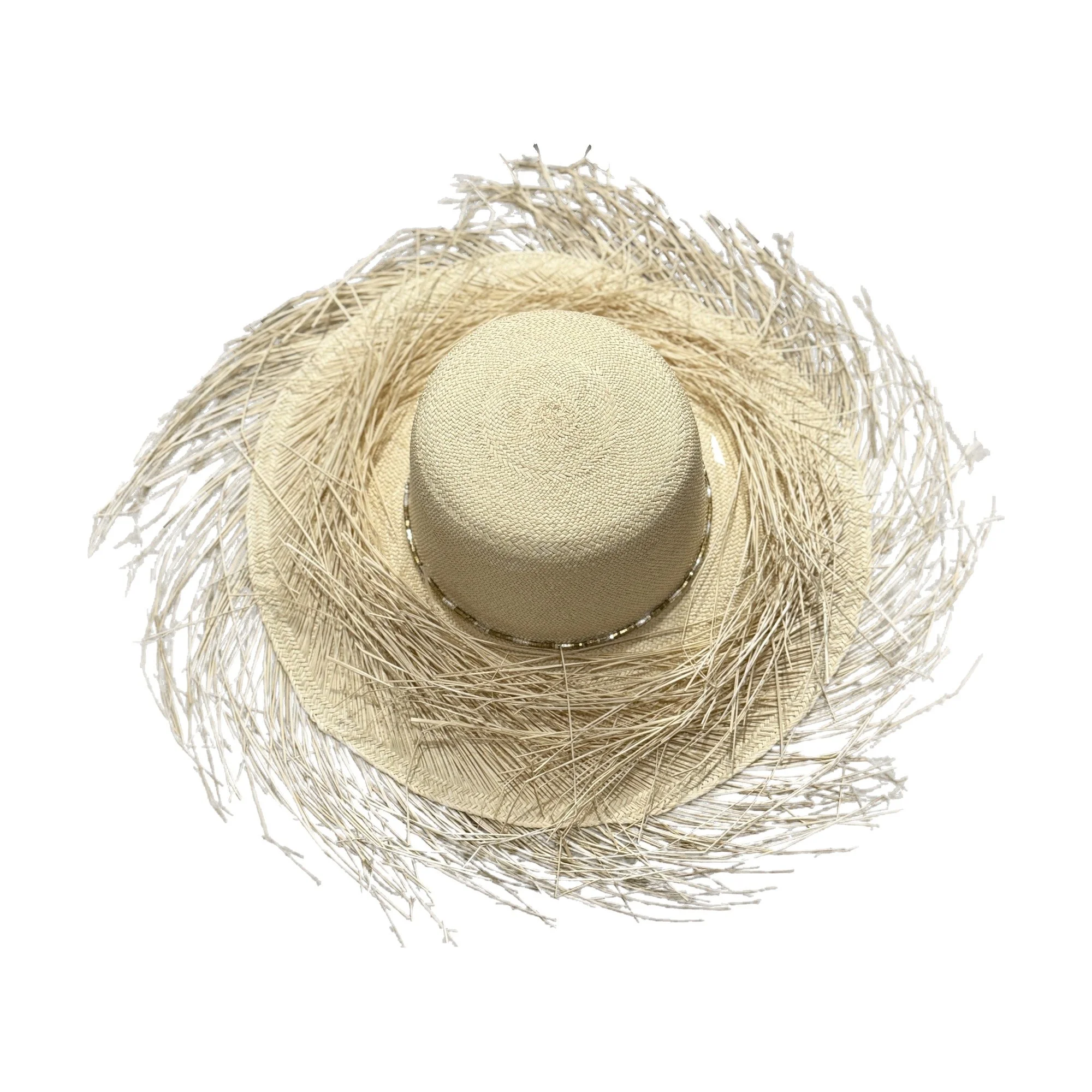 ZLATA handwoven toquilla straw boater in natural with fringed brim and mixed metal hatband, by TESH® Palm Beach.