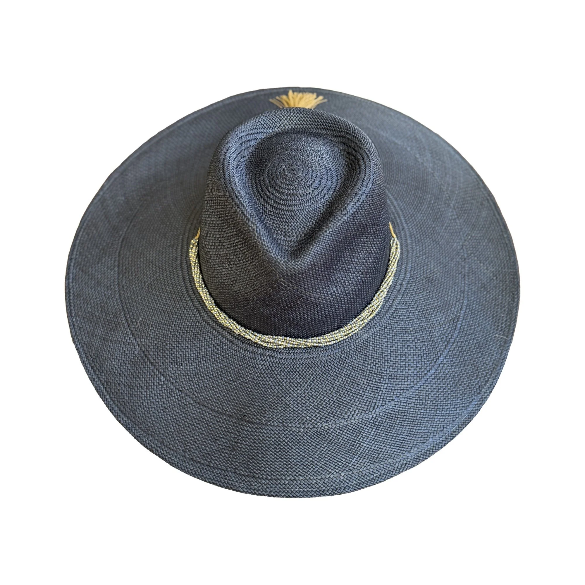 BLYTHE handwoven toquilla straw hat in Atlantic blue with coral and jade gemstone band, by TESH® Palm Beach.