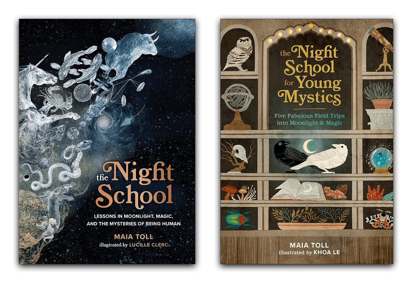 Book covers of "The Night School" by Maia Toll, featuring artistic illustrations. The left cover shows a cosmic scene with animals and celestial elements, and the right cover depicts a mystical bookshelf with various magical objects and creatures.