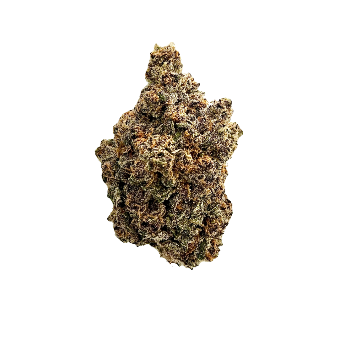 Close-up of a cannabis bud with green, purple, and orange hues and frosty trichomes.