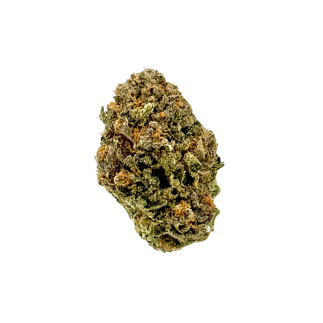 Close-up of a dense cannabis bud with green and orange hues, covered in trichomes.